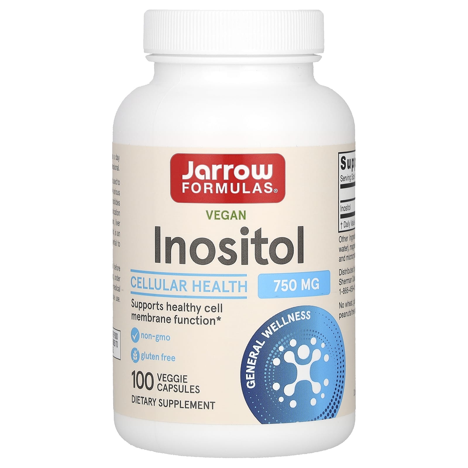 Jarrow Formulas Vegan Inositol 750mg - 100 Veggie Capsules - Image 1