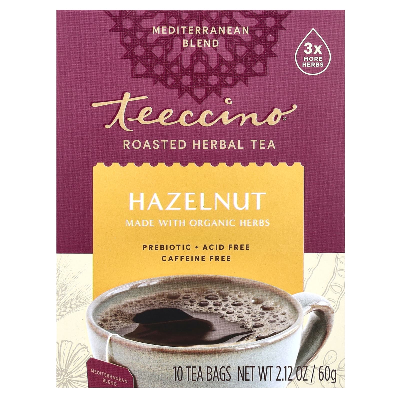 Teeccino, Roasted Herbal Tea, Hazelnut, Caffeine Free, 10 Tea Bags, 2.12 oz (60 g) - Image 1