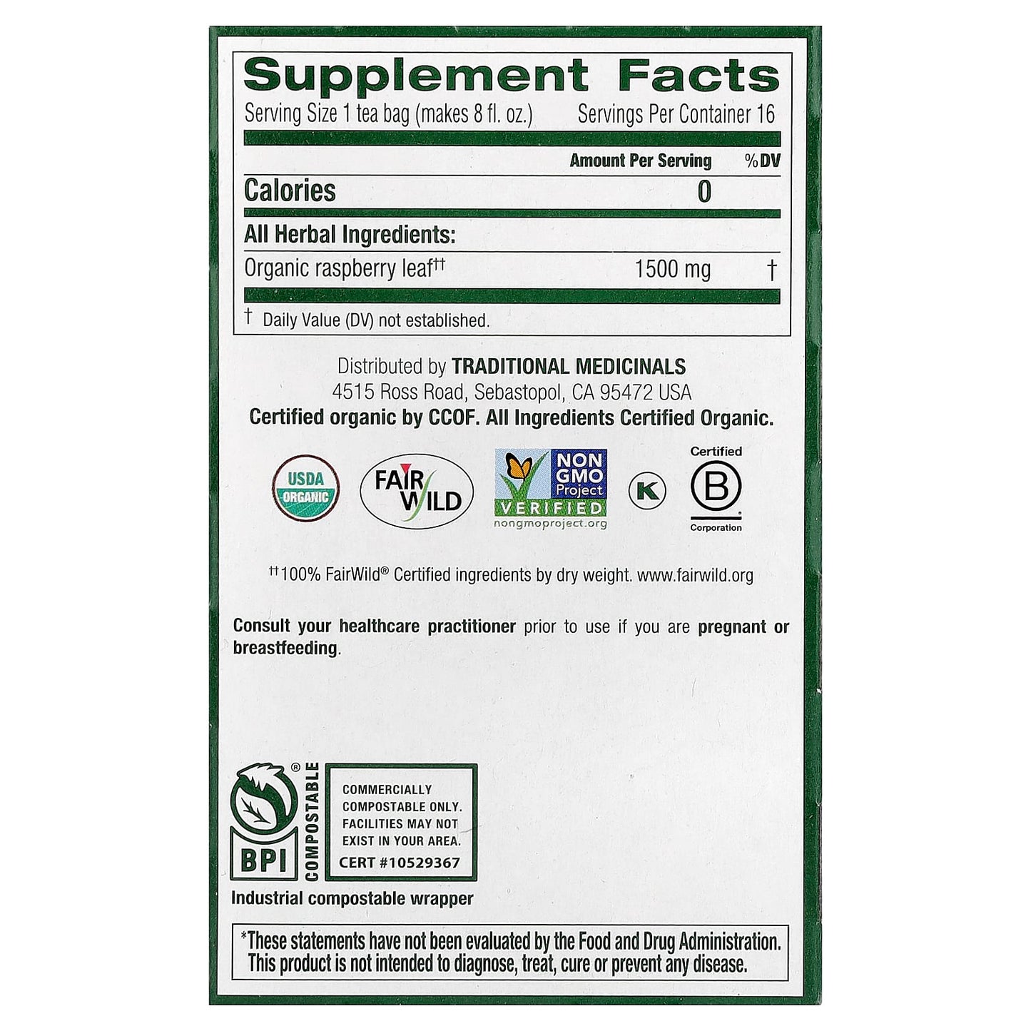 Traditional Medicinals, Organic Raspberry Leaf, Caffeine Free, 16 Wrapped Tea Bags, 0.85 oz (24 g) - Image 2