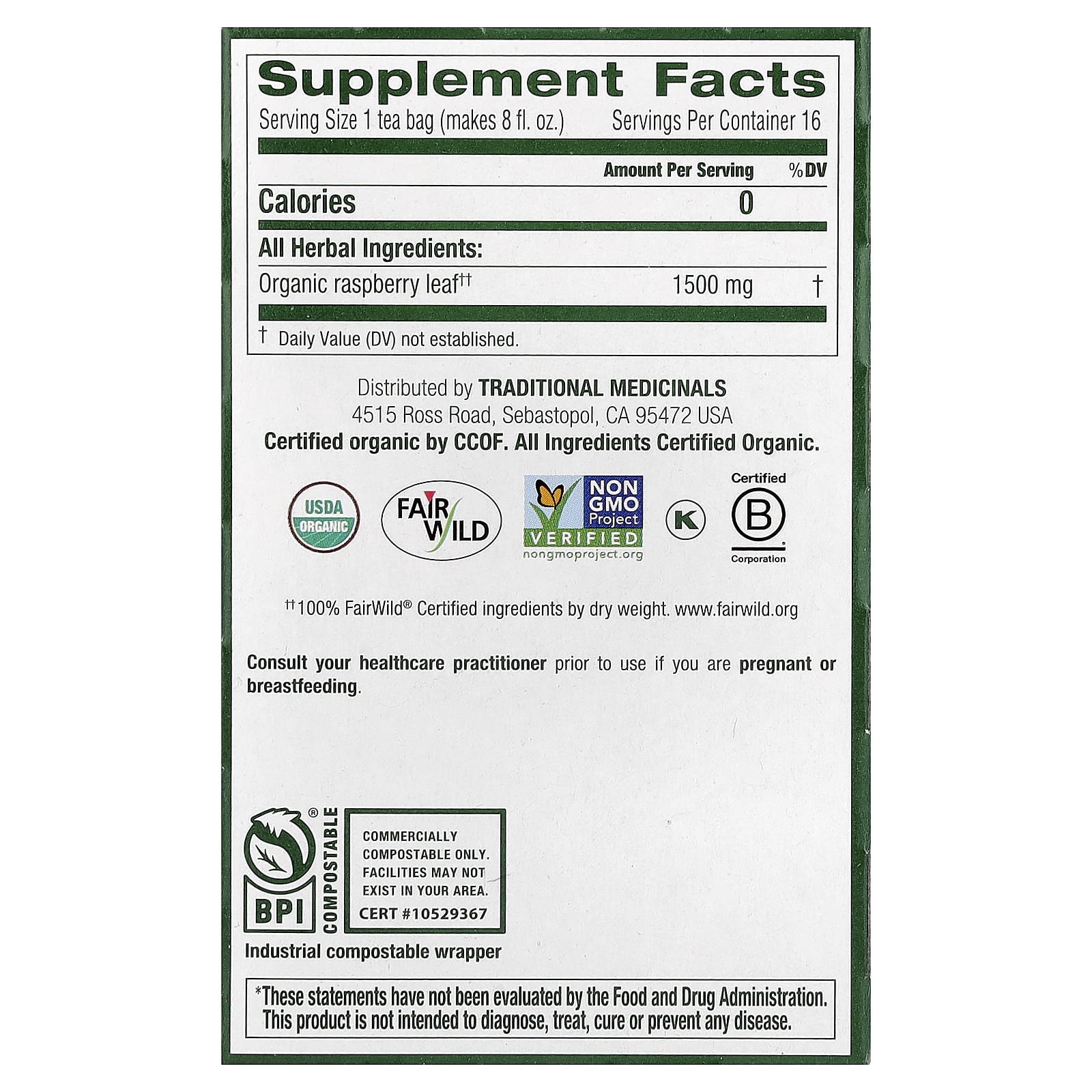 Traditional Medicinals, Organic Raspberry Leaf, Caffeine Free, 16 Wrapped Tea Bags, 0.85 oz (24 g) - Image 2