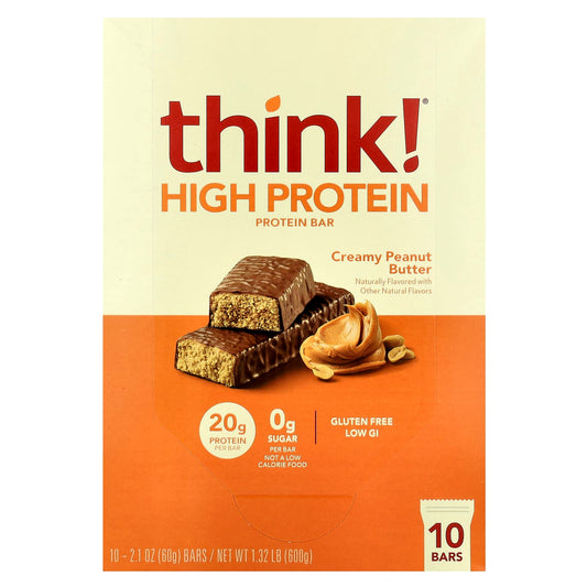Think !, High Protein Bars, Creamy Peanut Butter, 10 Bars, 2.1 oz (60 g) Each - Image 1