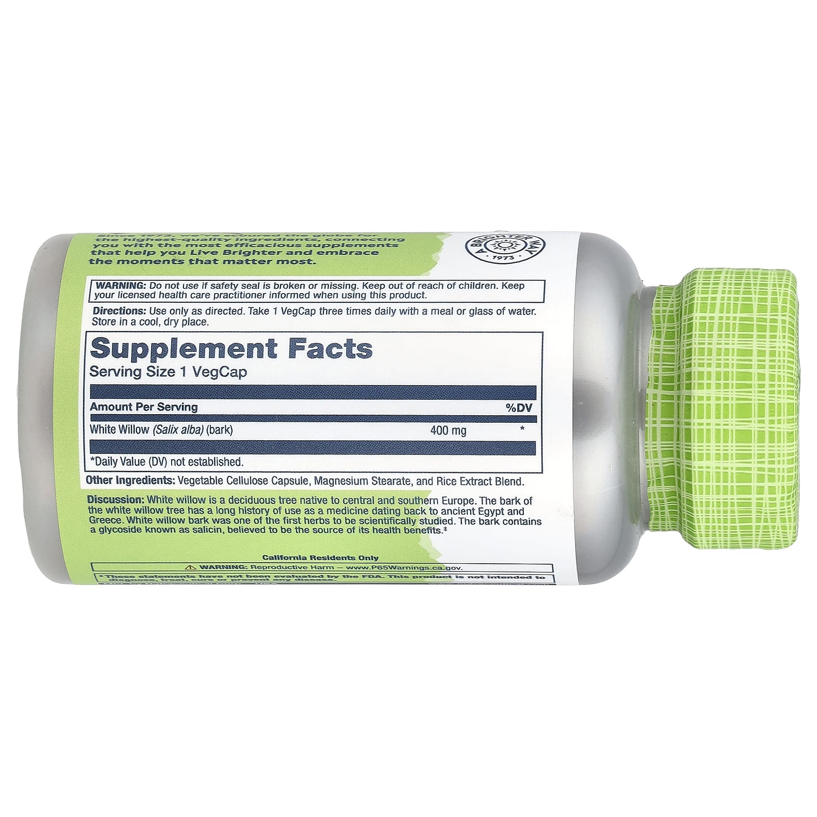 Solaray, True Herbs, White Willow, 400 mg, 100 VegCaps - Image 2