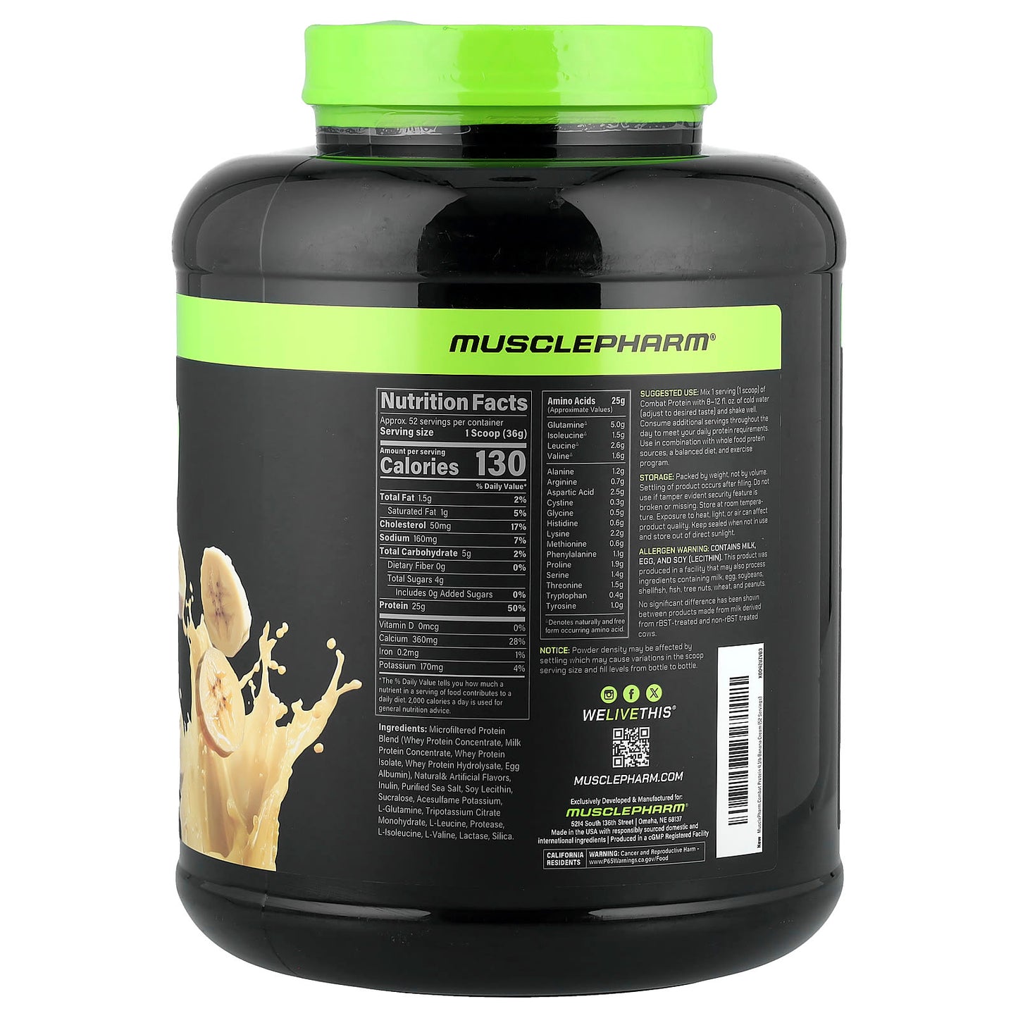 MusclePharm, Combat Protein Powder, Banana Cream, 4 lb (1,81 kg) - Image 2