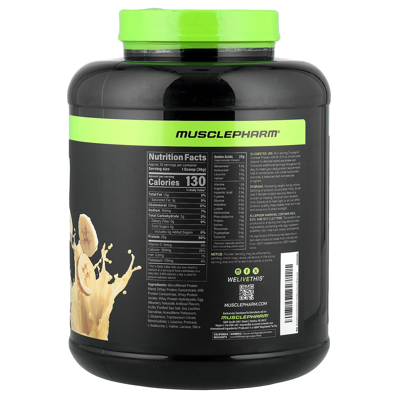MusclePharm, Combat Protein Powder, Banana Cream, 4 lb (1,81 kg) - Image 2