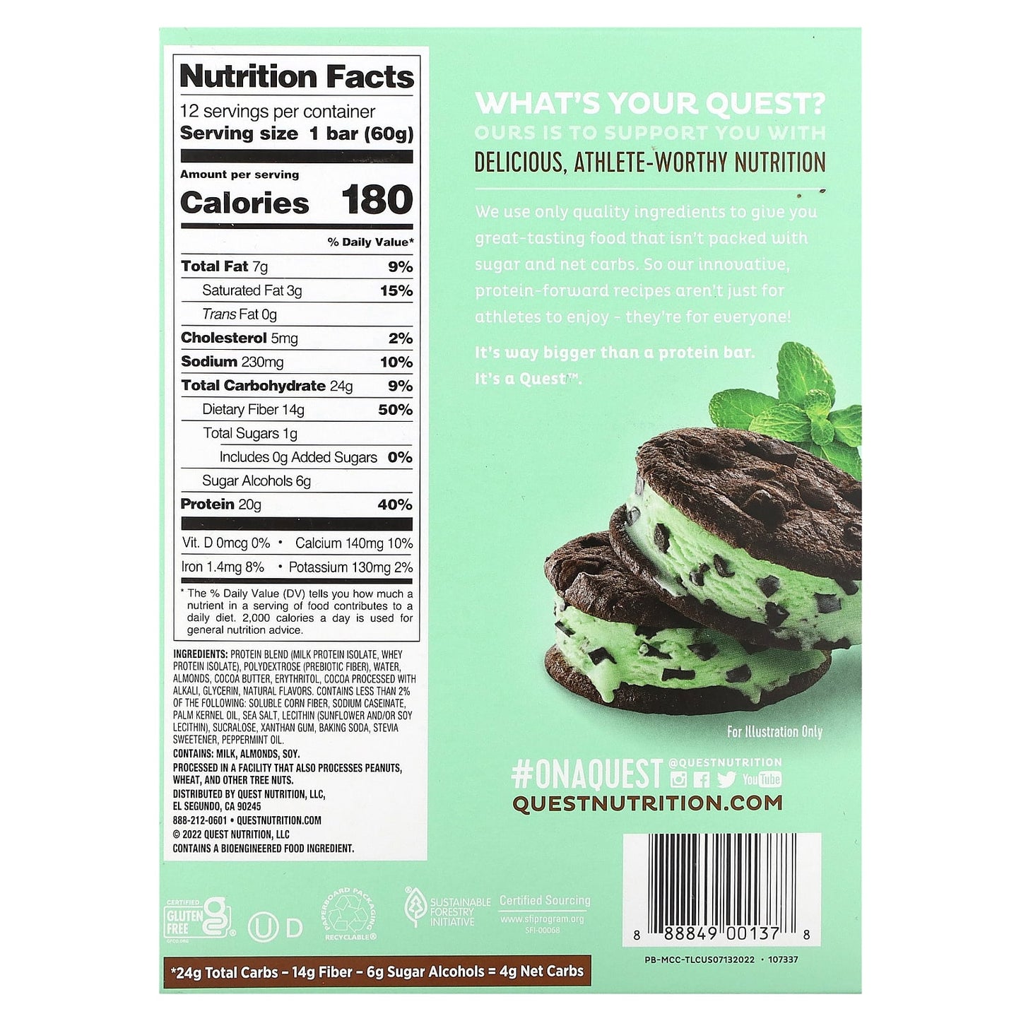 Quest Nutrition, Protein Bar, Mint Chocolate Chunk, 12 Bars, 2.12 oz (60 g) Each - Image 2