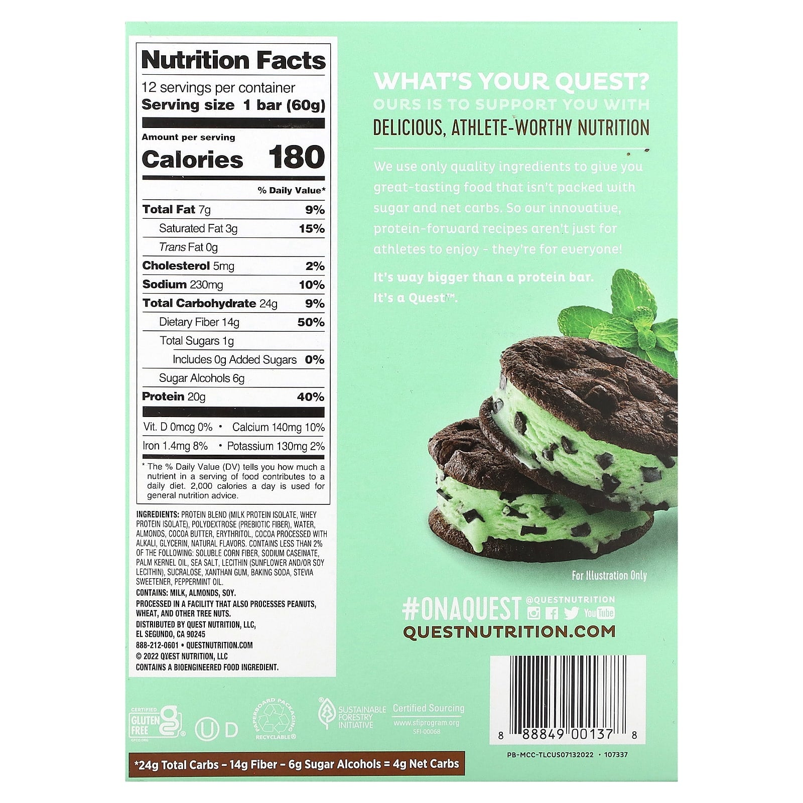 Quest Nutrition, Protein Bar, Mint Chocolate Chunk, 12 Bars, 2.12 oz (60 g) Each - Image 2