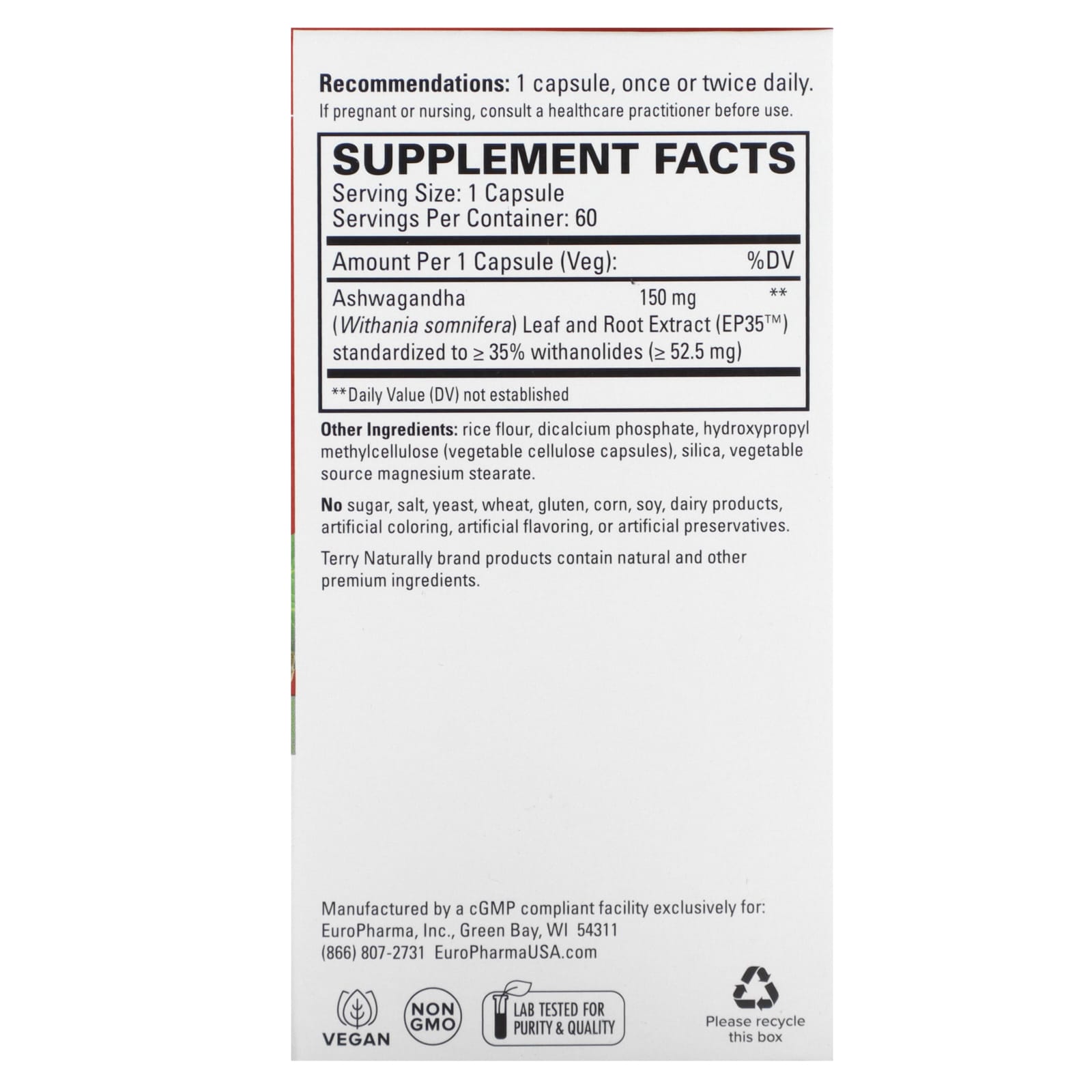 Terry Naturally, Ashwagandha EP35, Extra Strength, 60 Capsules (150 mg per Capsule) - Image 2