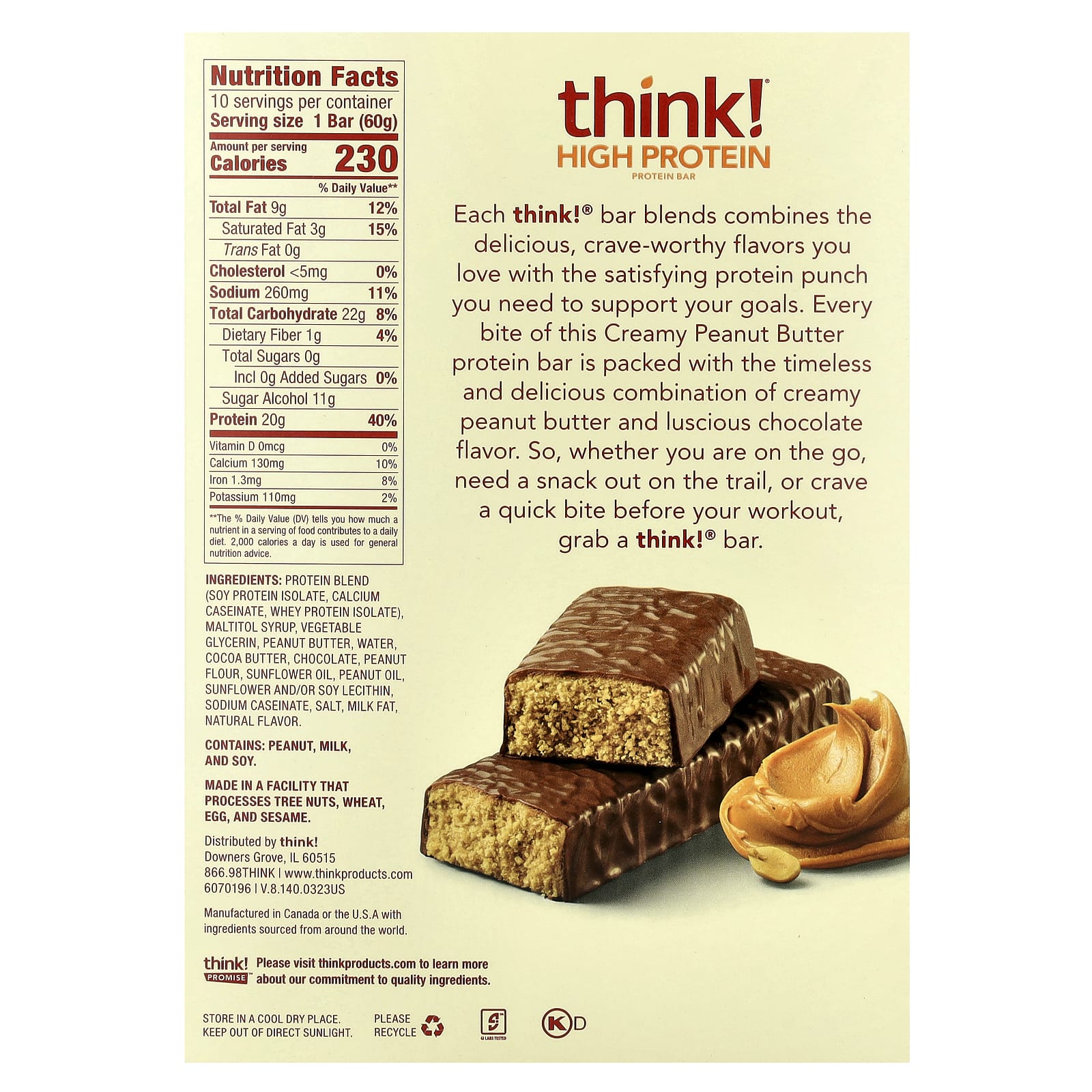 Think !, High Protein Bars, Creamy Peanut Butter, 10 Bars, 2.1 oz (60 g) Each - Image 2