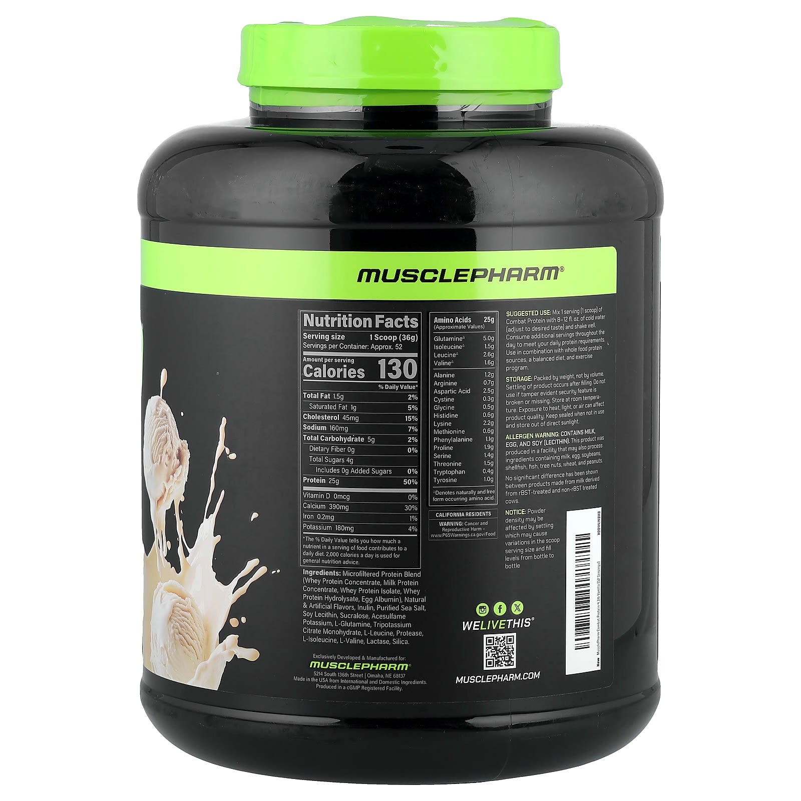 MusclePharm, Combat Protein Powder®, Vanilla, 4.1 lb (1.84 kg) - Image 2