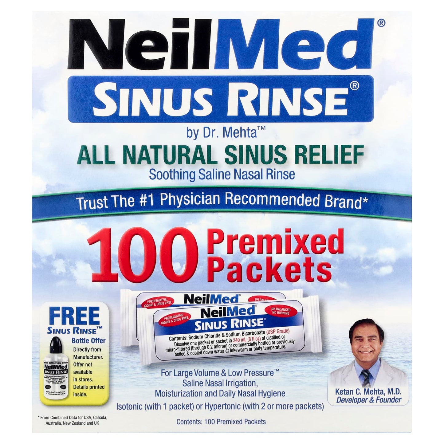 NeilMed, Sinus Rinse®, All Natural Sinus Relief, 100 Premixed Packets - Image 1