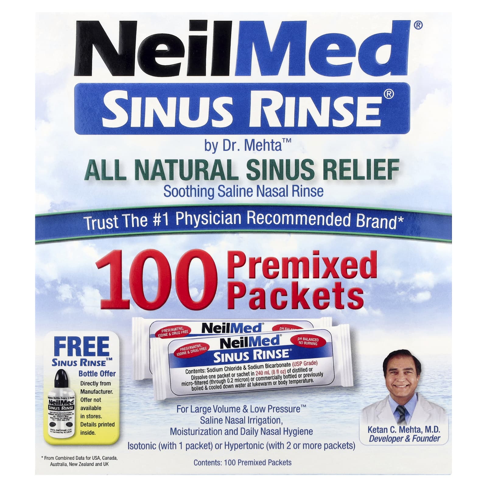 NeilMed, Sinus Rinse®, All Natural Sinus Relief, 100 Premixed Packets - Image 1