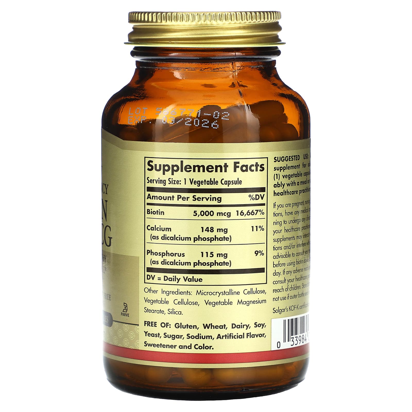 Solgar, Biotin, 5,000 mcg, 100 Vegetable Capsules - Image 2