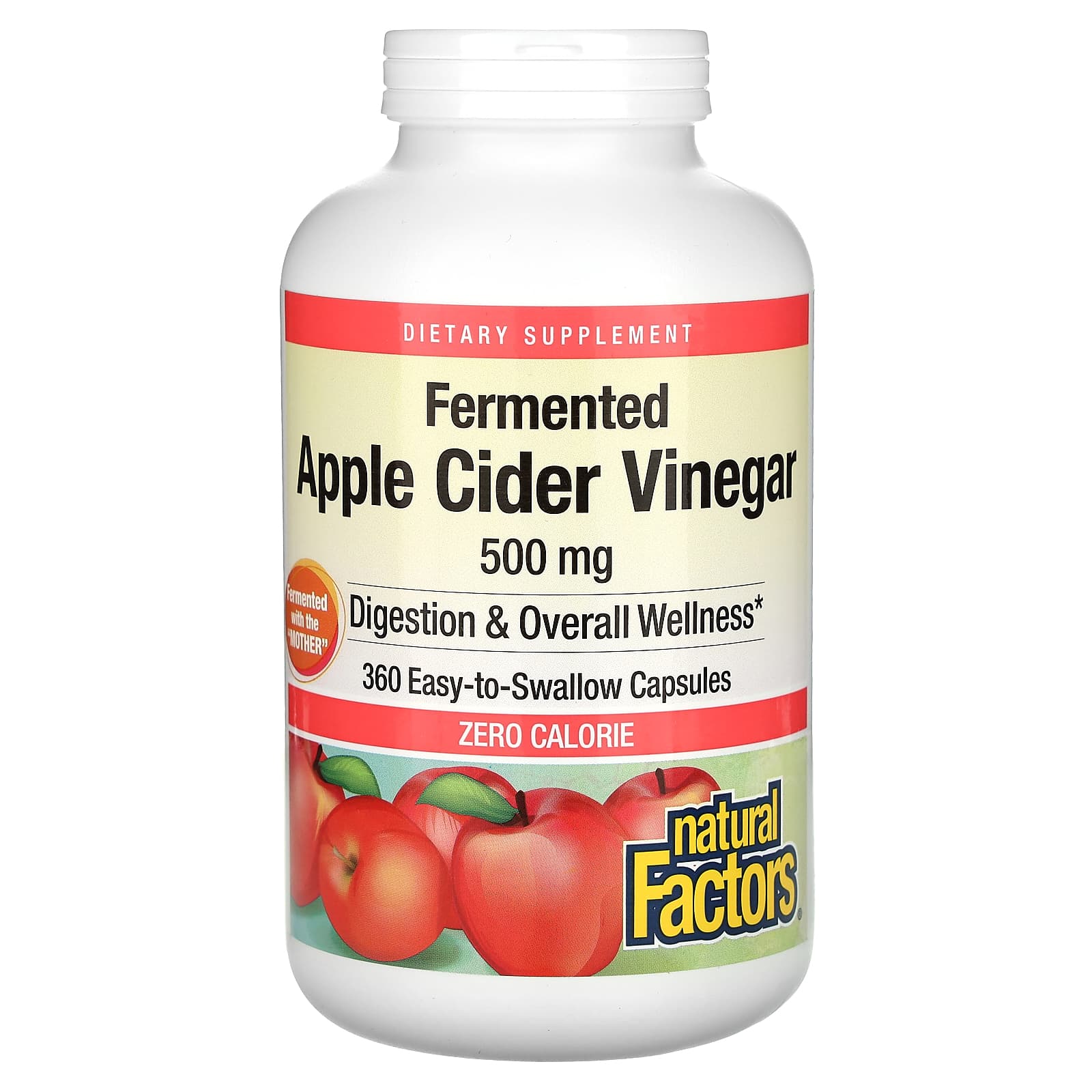 Natural Factors, Fermented Apple Cider Vinegar, 500 mg, 360 Easy-to -Swallow Capsules - Image 1