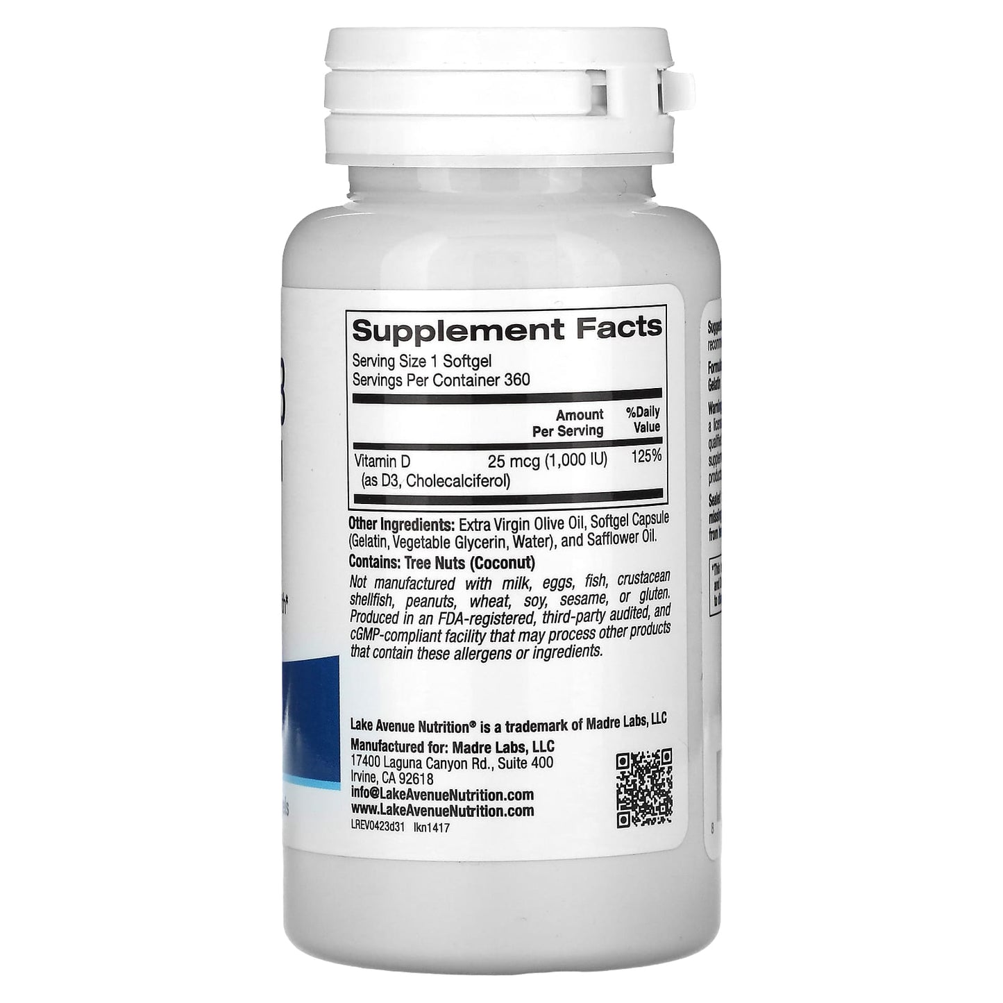 Lake Avenue Nutrition Vitamin D3 25 mcg (1,000 IU) Softgels - 360 Count - Image 2