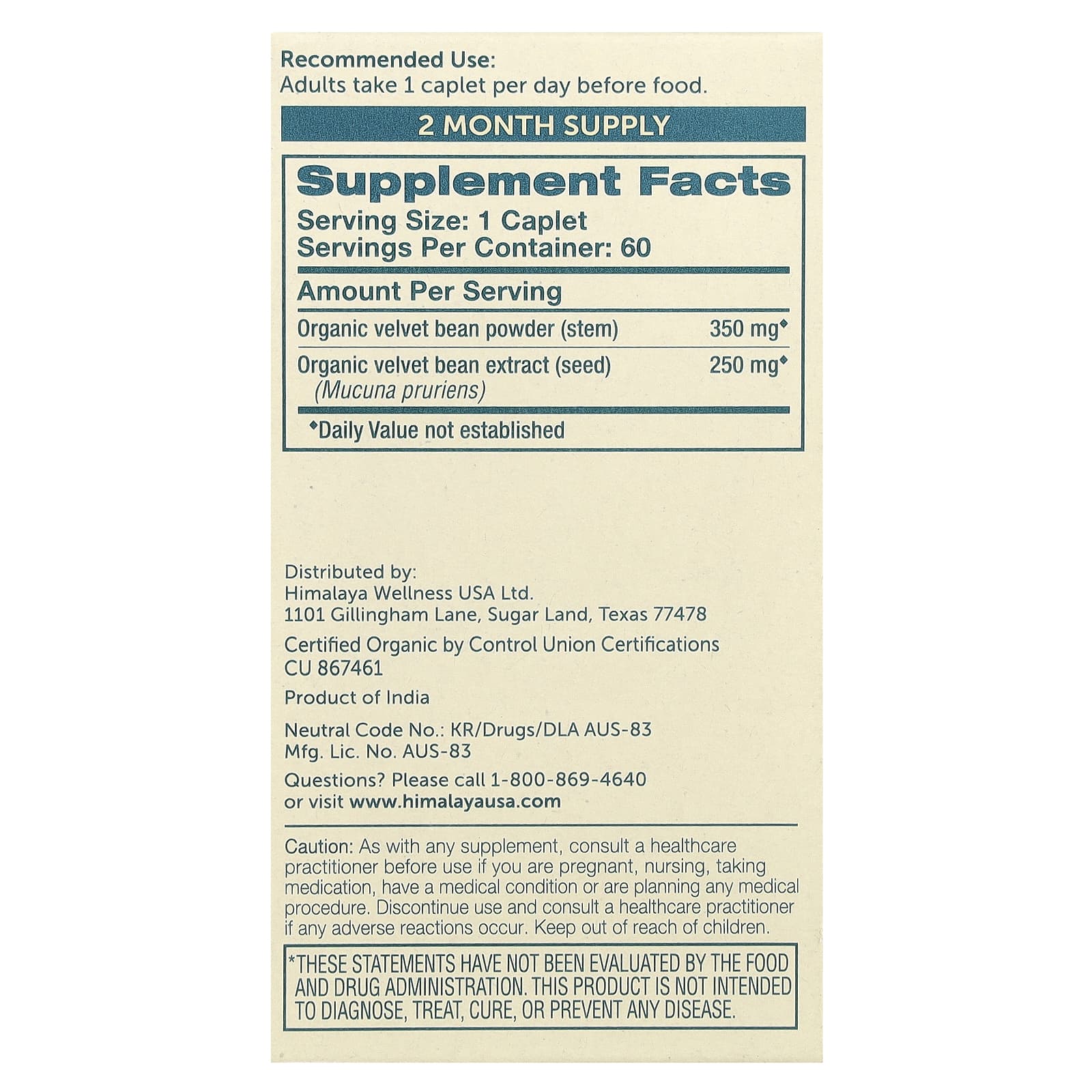 Himalaya Organic Mucuna for Relaxation & Mood Support - 60 Caplets - Image 2
