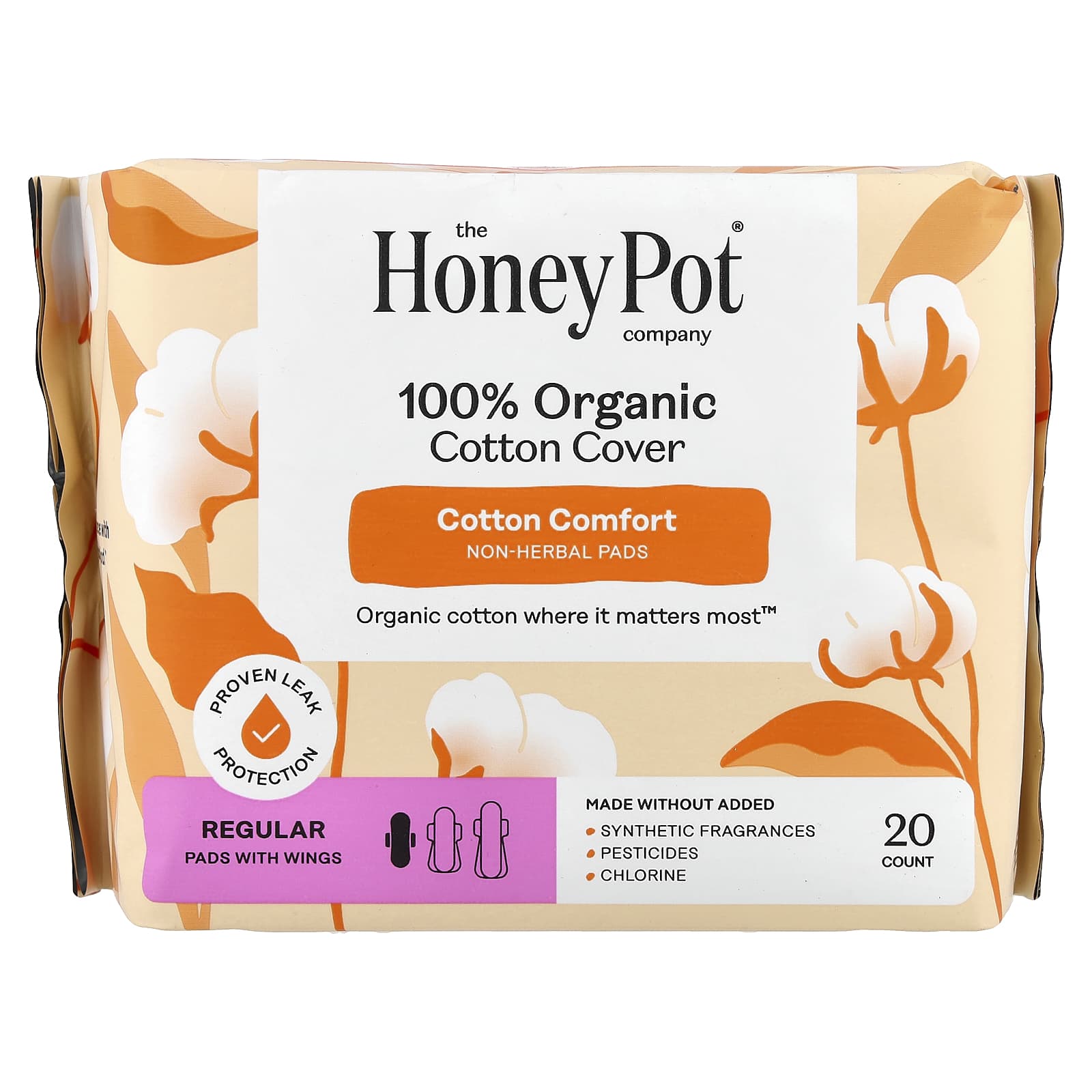 The Honey Pot Company, Organic Non-Herbal Pads with Wings, Regular, 20 Count - Image 1