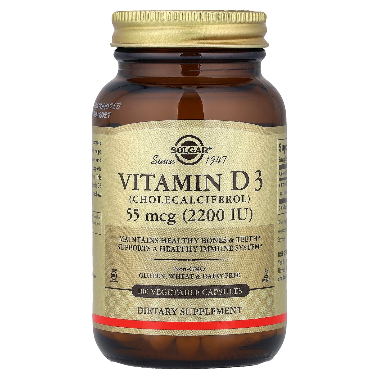 Solgar, Vitamin D3 , 55 mcg (2,200 IU), 100 Vegetable Capsules - Image 1
