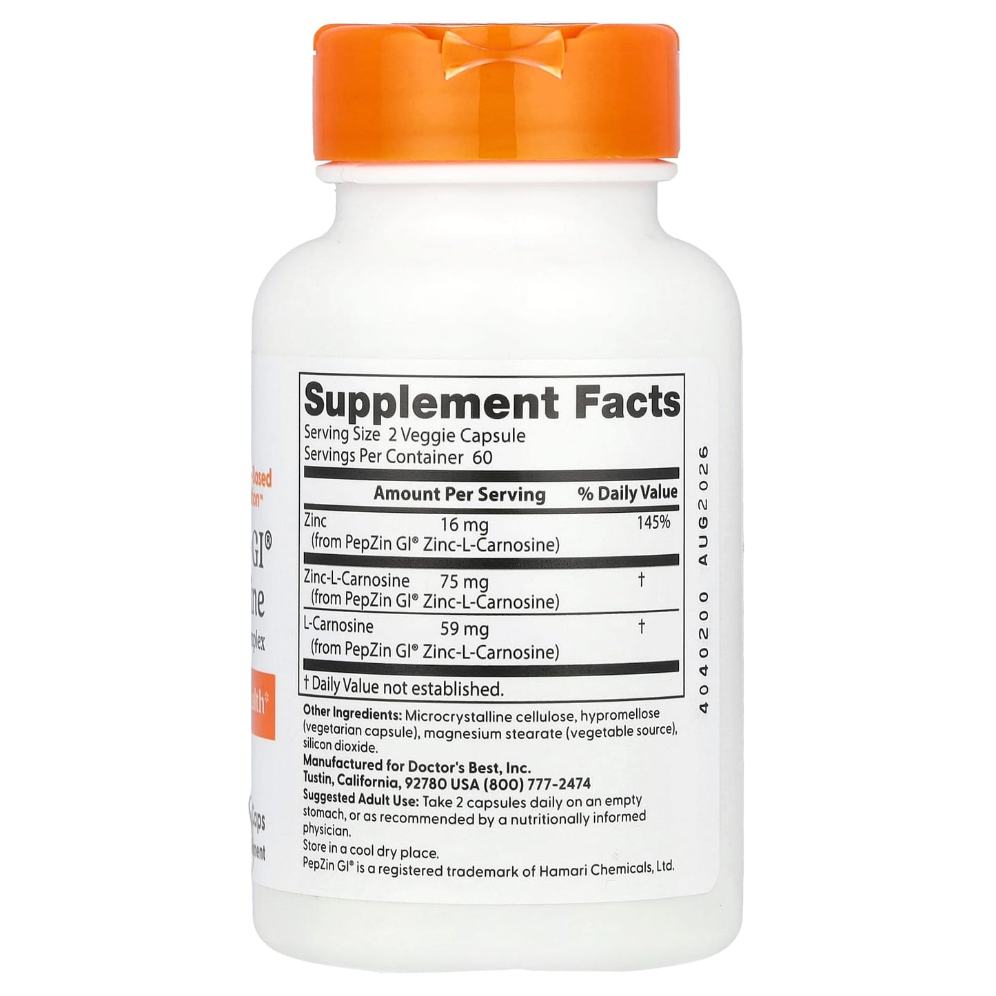 Doctor's Best PepZin GI Zinc-L-Carnosine Complex 120 Capsules - Image 2