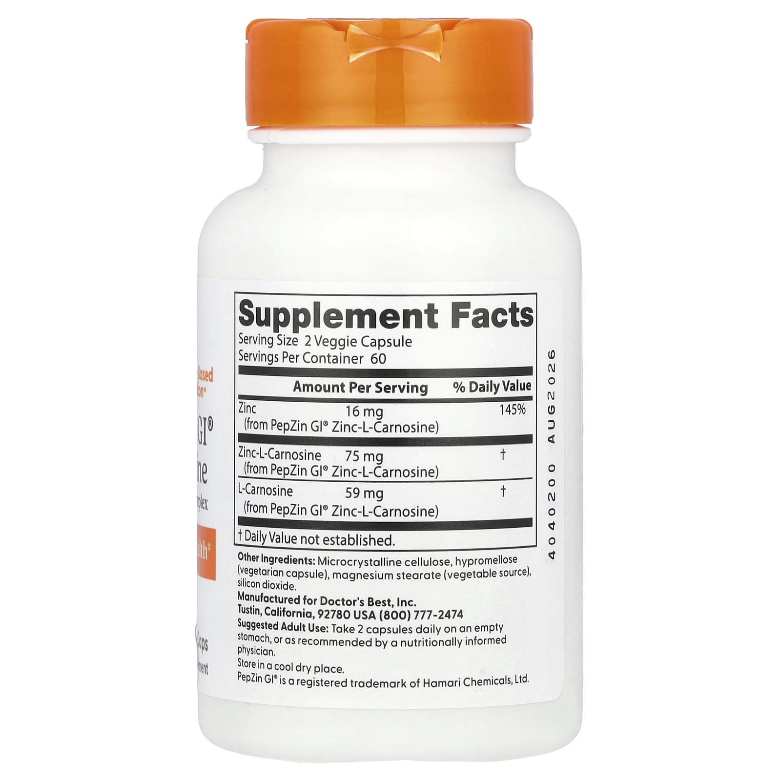 Doctor's Best PepZin GI Zinc-L-Carnosine Complex 120 Capsules - Image 2