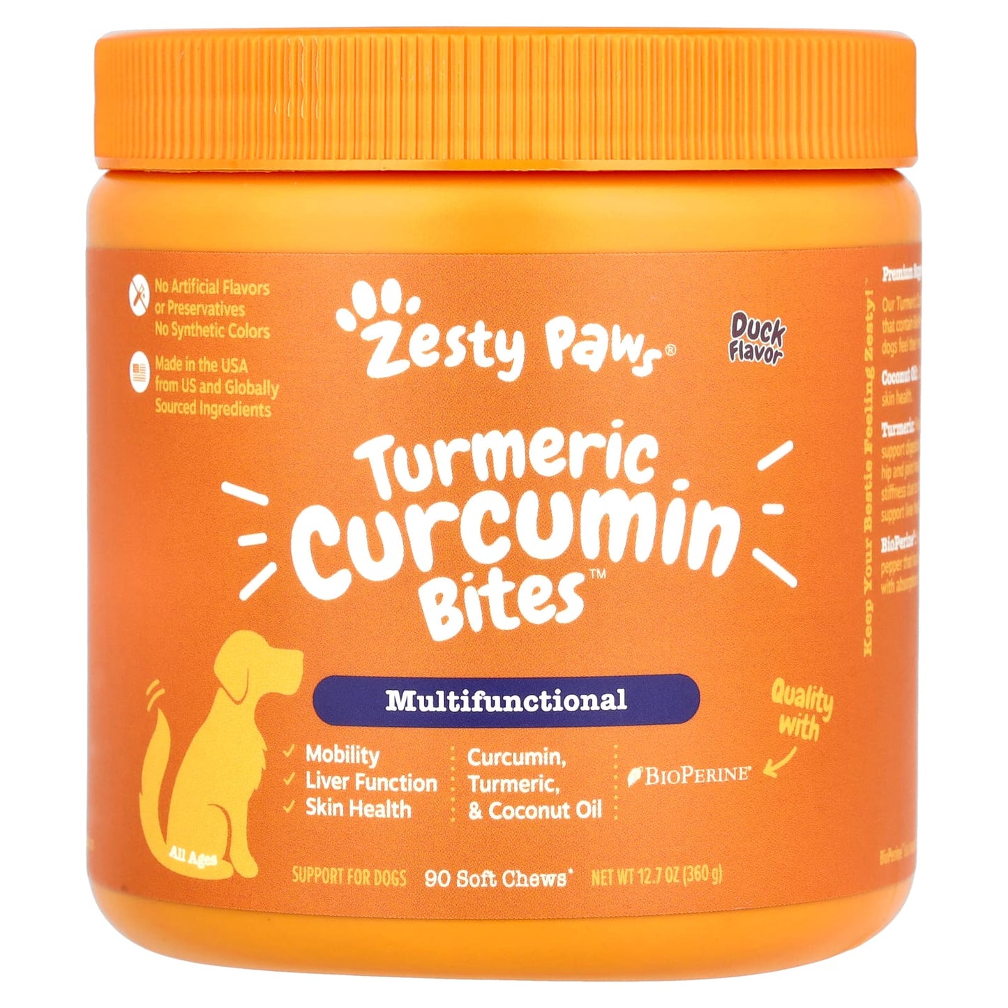 Zesty Paws, Turmeric Curcumin Bites™ for Dogs, Multifunctional, All Ages, Duck, 90 Soft Chews, 12.7 oz (360 g) - Image 1