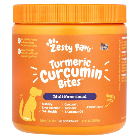 Zesty Paws, Turmeric Curcumin Bites™ for Dogs, Multifunctional, All Ages, Duck, 90 Soft Chews, 12.7 oz (360 g) - Image 1