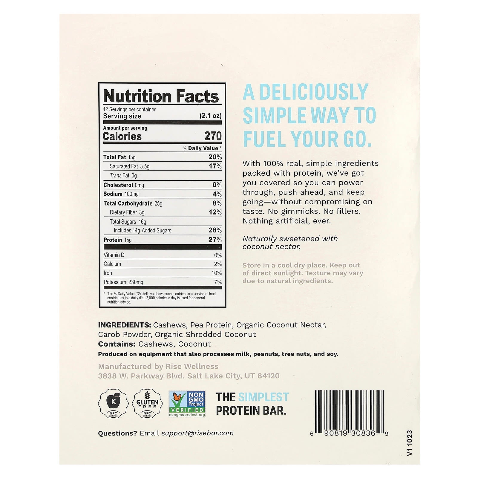 Rise Bar, Protein Bar, Vegan Chocolatey Coconut, 12 Bars, 2.1 oz (60 g) Each - Image 2