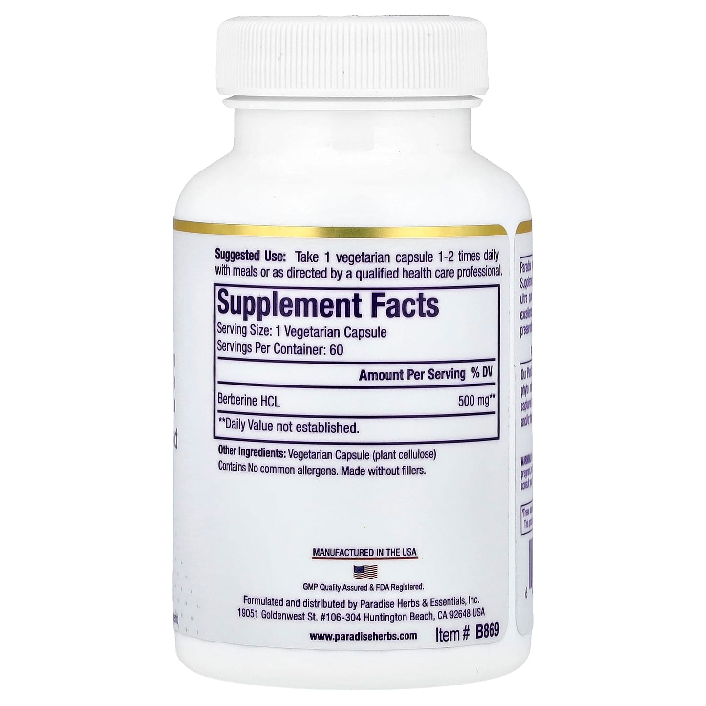 Paradise Herbs, Berberine , 500 mg, 60 Vegetarian Capsules - Image 2