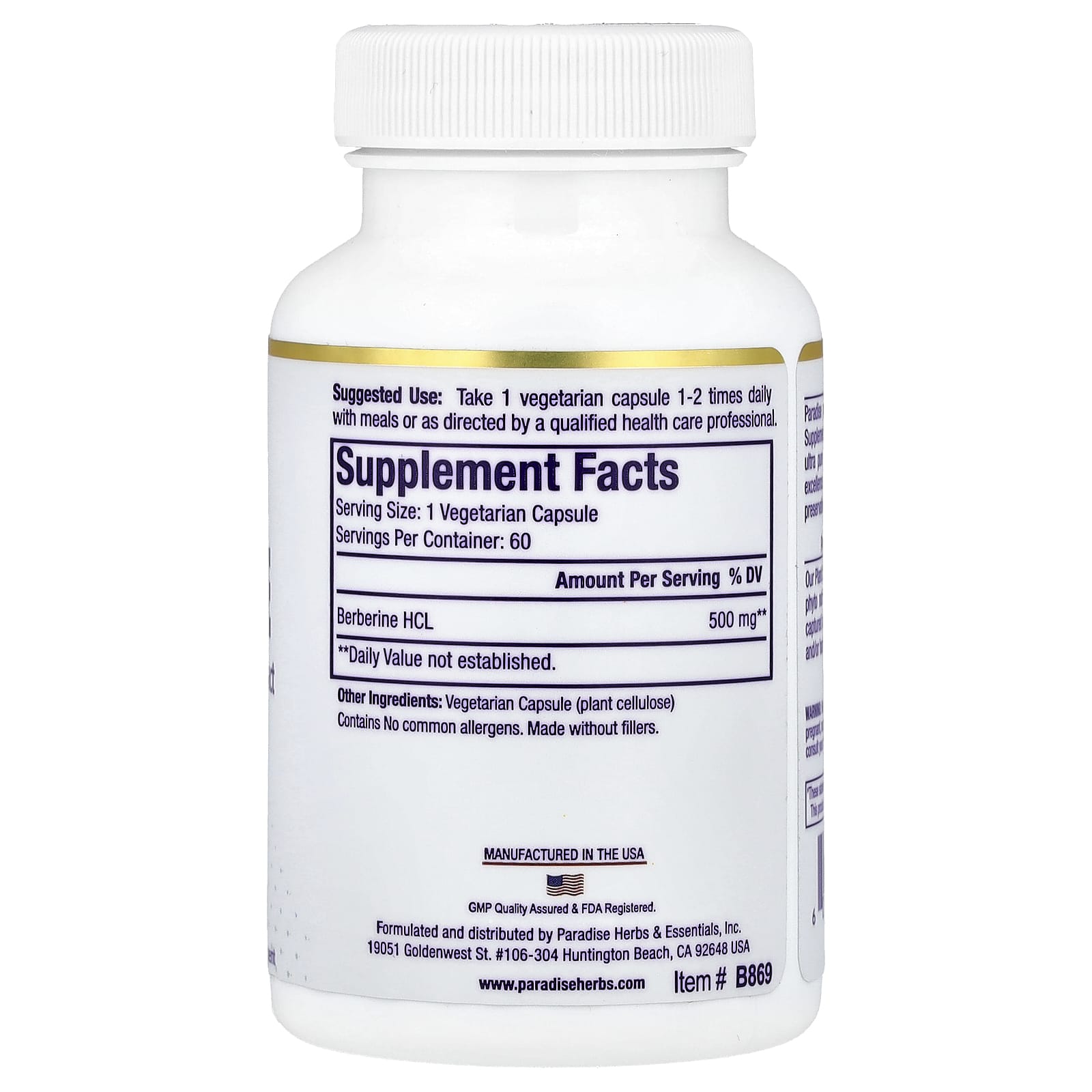 Paradise Herbs, Berberine , 500 mg, 60 Vegetarian Capsules - Image 2