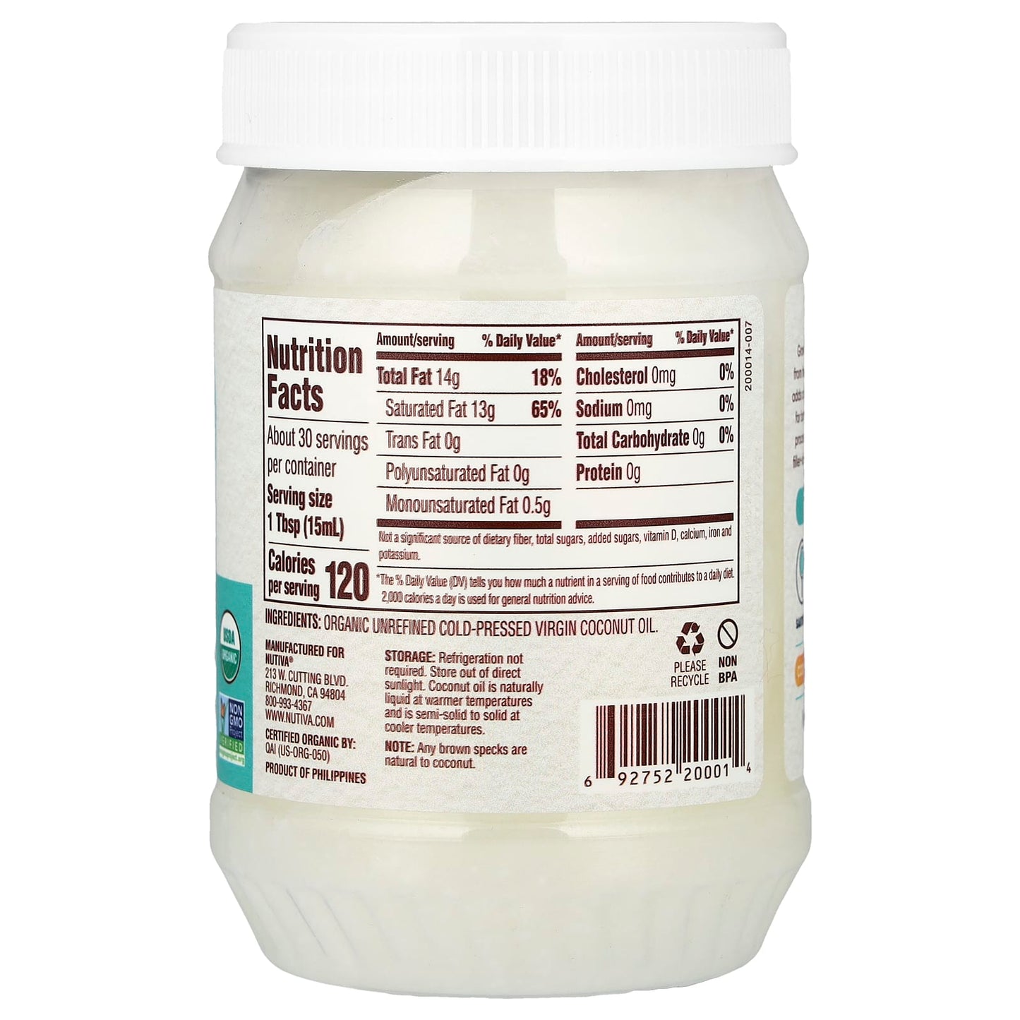 Nutiva, Organic Virgin Coconut Oil, 15 fl oz (444 ml) - Image 2