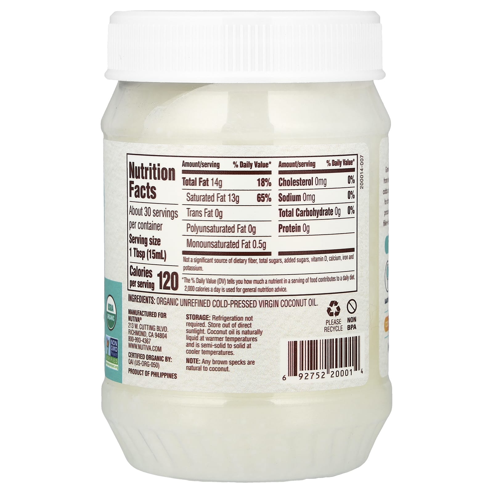 Nutiva, Organic Virgin Coconut Oil, 15 fl oz (444 ml) - Image 2