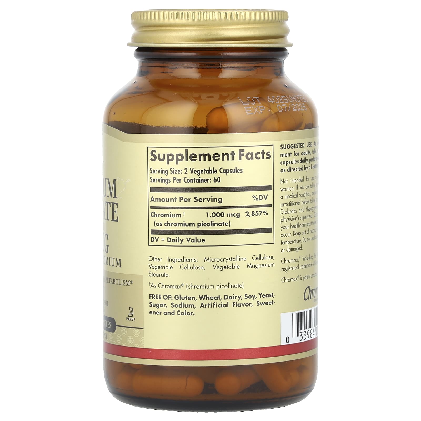 Solgar, Chromium Picolinate, 500 mcg, 120 Vegetable Capsules - Image 2
