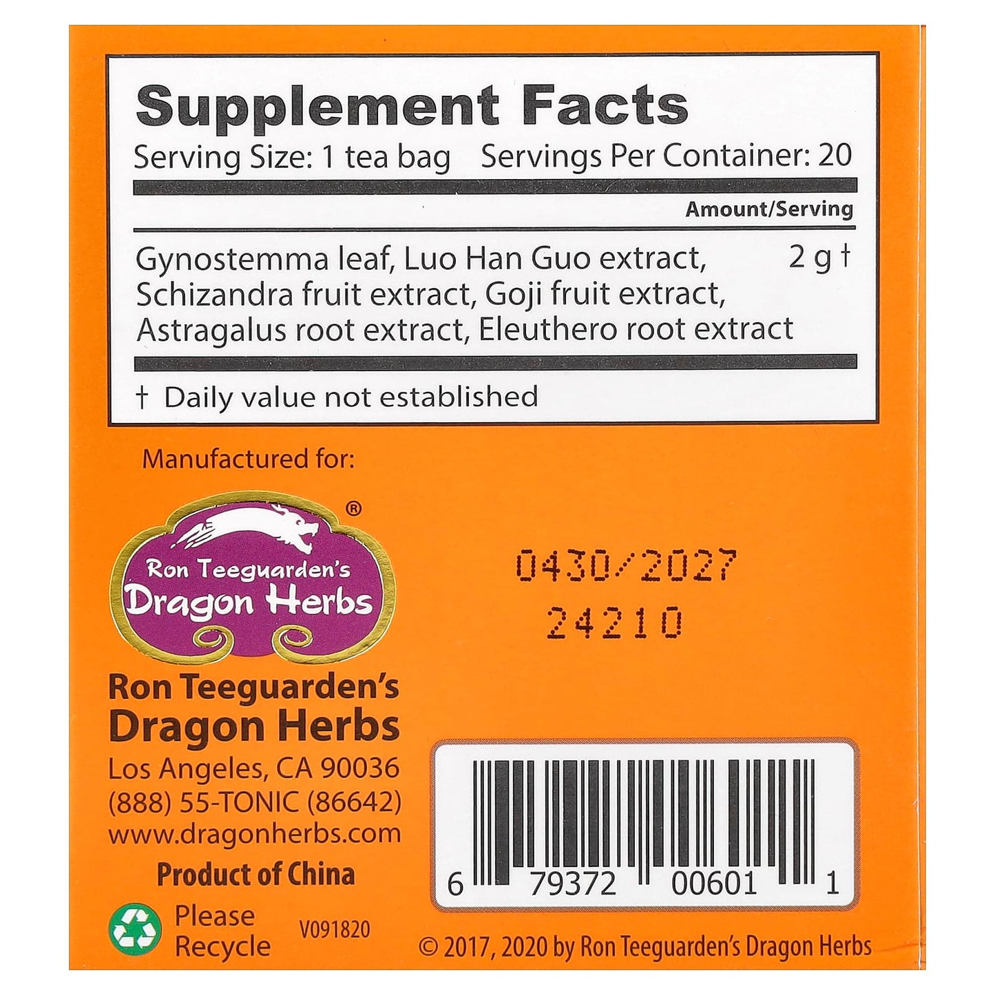 Dragon Herbs Spring Dragon Longevity Tea, Caffeine Free, 20 Tea Bags - Image 2
