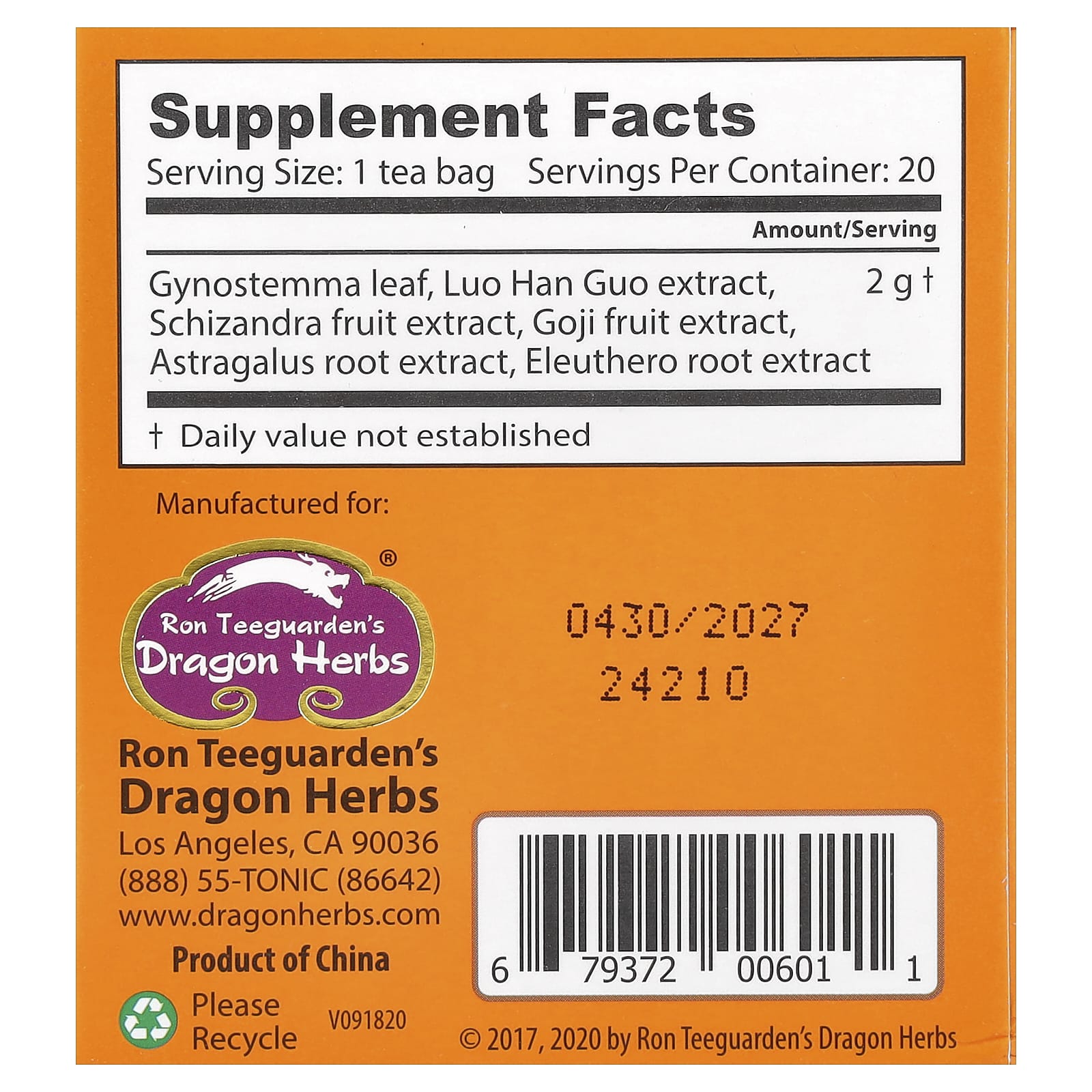 Dragon Herbs Spring Dragon Longevity Tea, Caffeine Free, 20 Tea Bags - Image 2