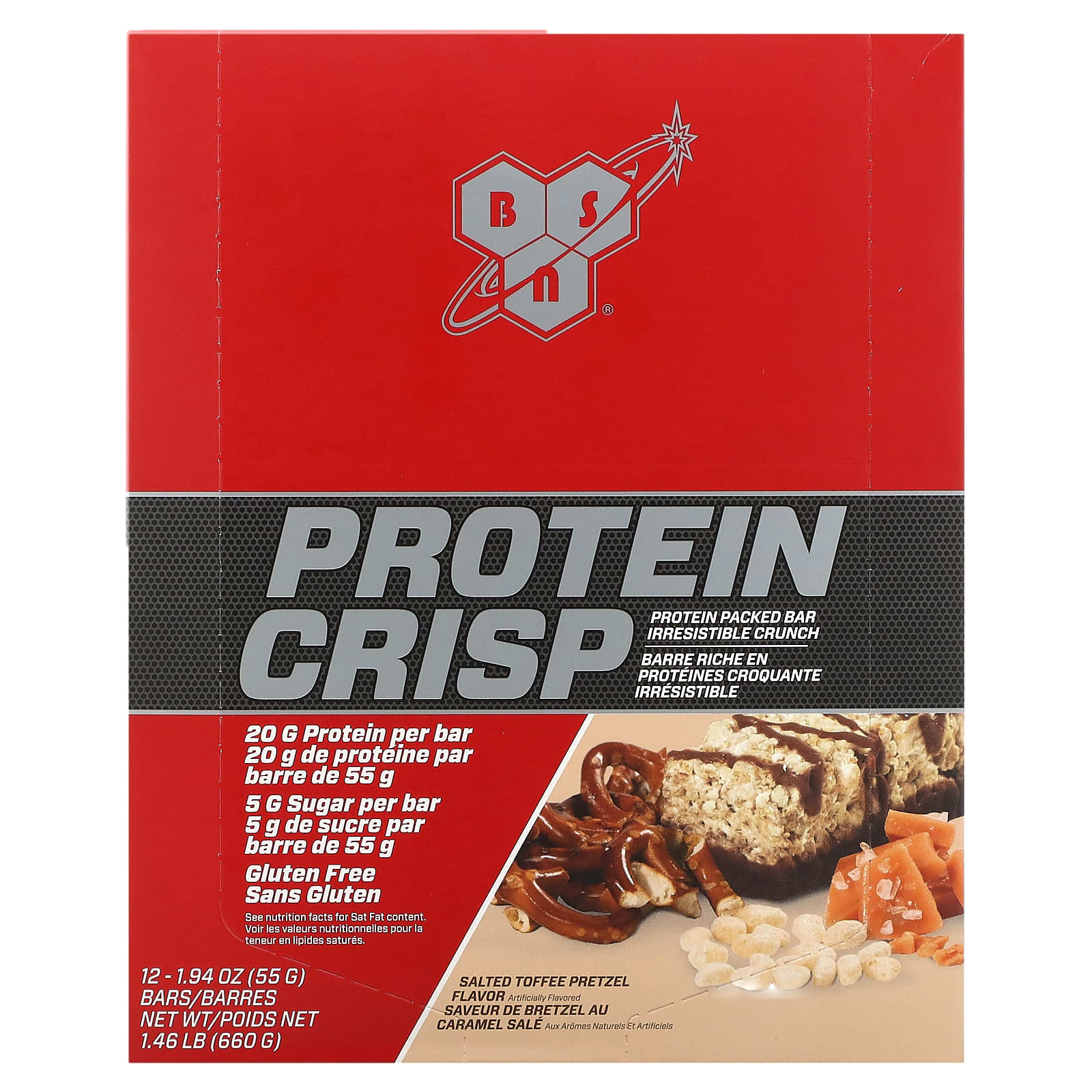 BSN Protein Crisp Salted Toffee Pretzel Bars - 12 Count - Image 1