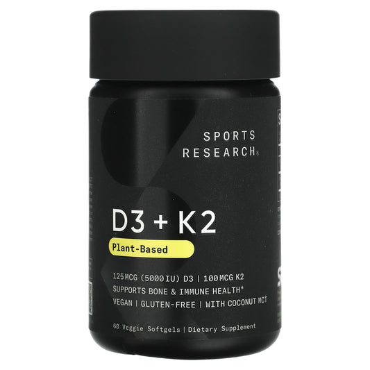 Sports Research, D3 + K2, Plant Based, 125 mcg/100 mcg, 60 Veggie Softgels - Image 1