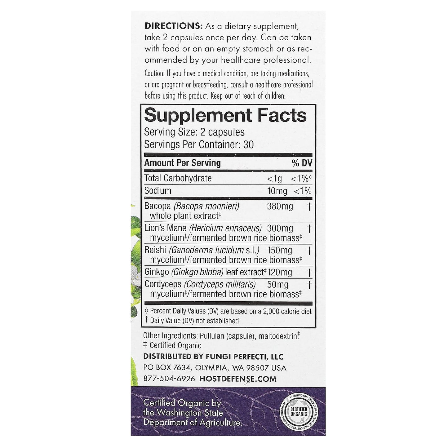 Host Defense Brain Mushroom Supplement, 60 Capsules, Organic, Vegan - Image 2