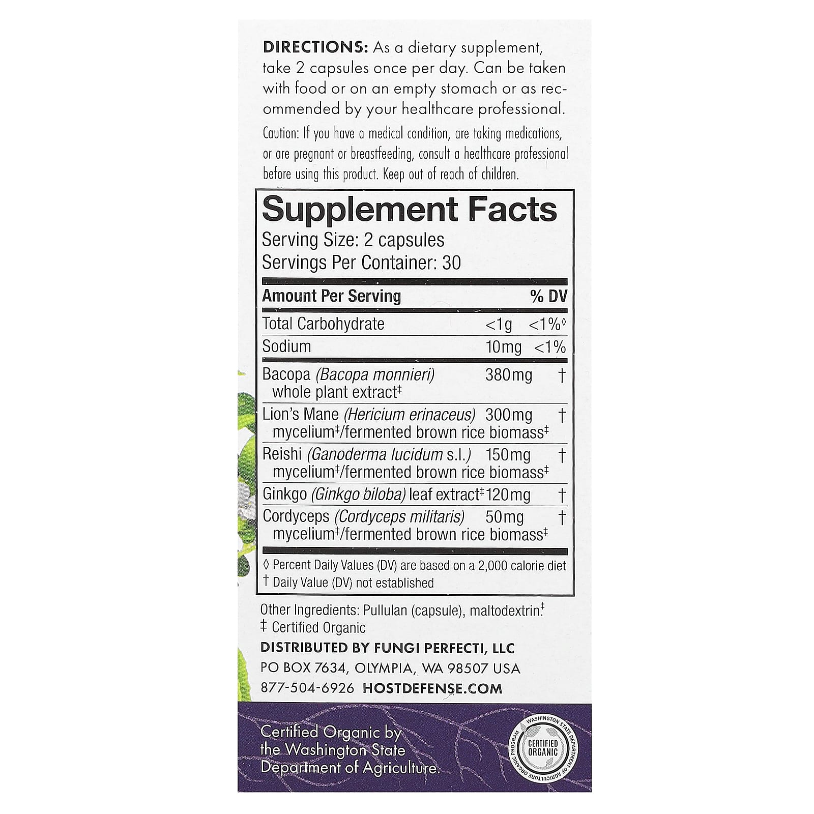 Host Defense Brain Mushroom Supplement, 60 Capsules, Organic, Vegan - Image 2