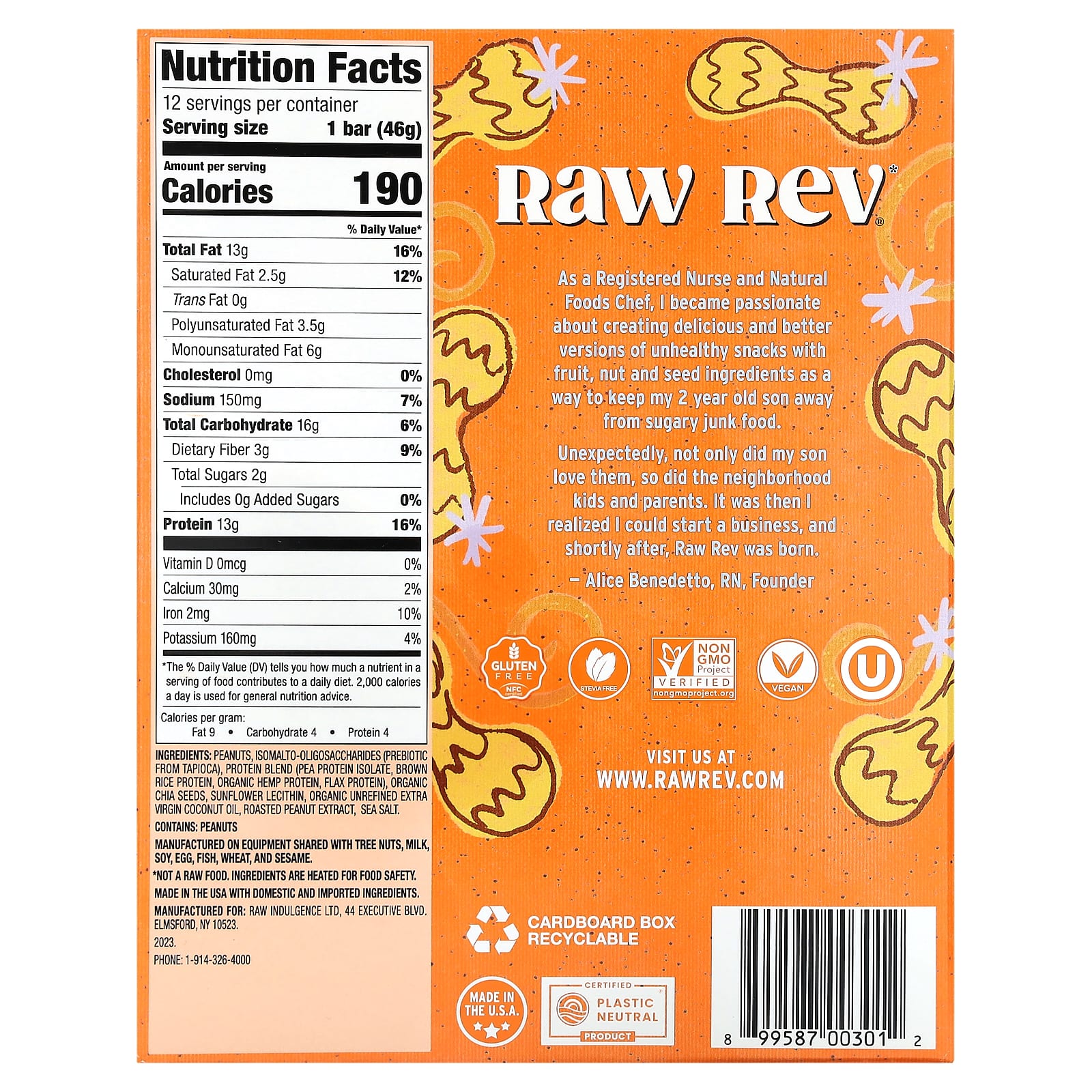 Raw Rev, Plant-Based Protein Bar, Creamy Peanut Butter & Sea Salt, 12 Bars, 1.6 oz (46 g) Each - Image 2