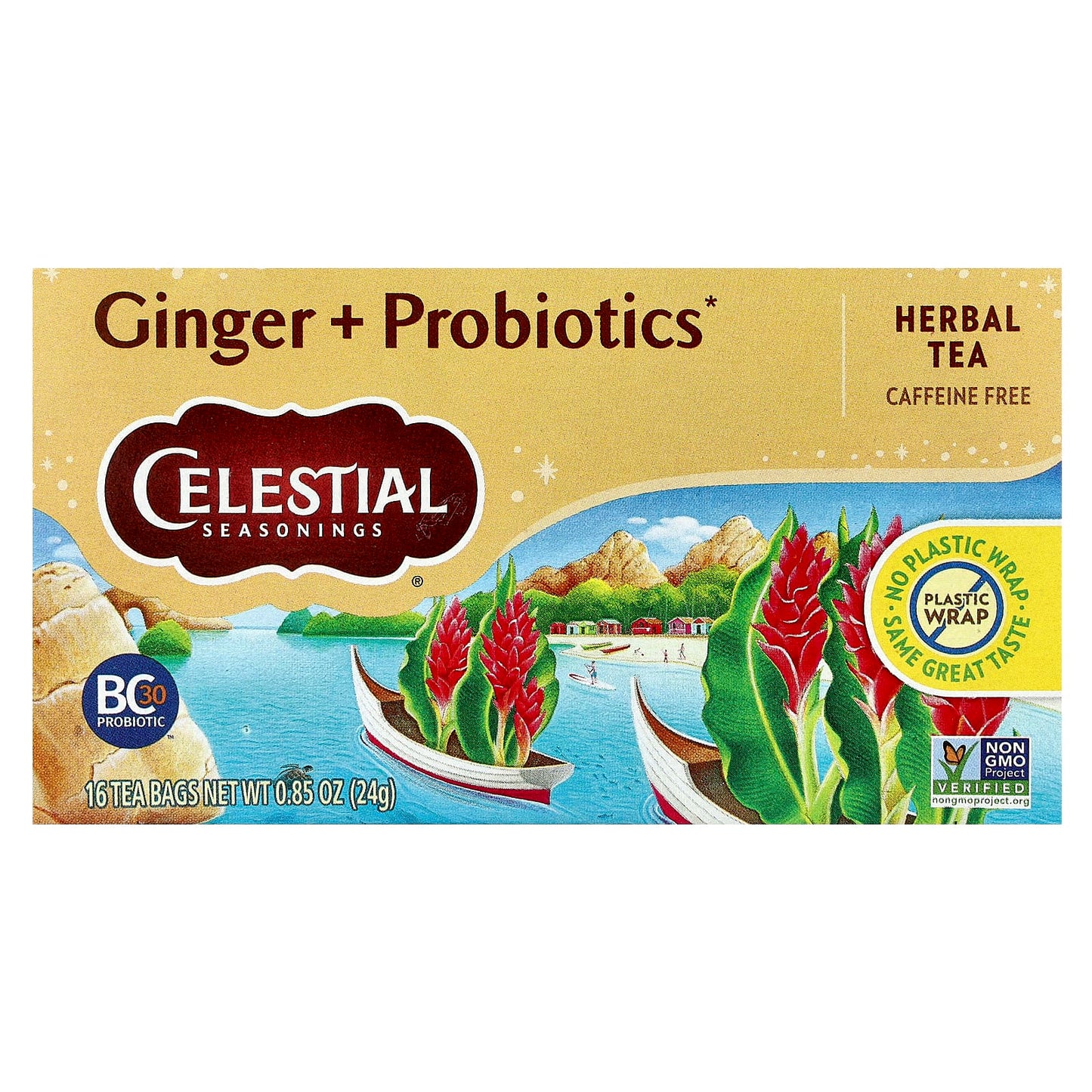 Celestial Seasonings Ginger Probiotics Herbal Tea, Caffeine Free, 16 Tea Bags - Image 1