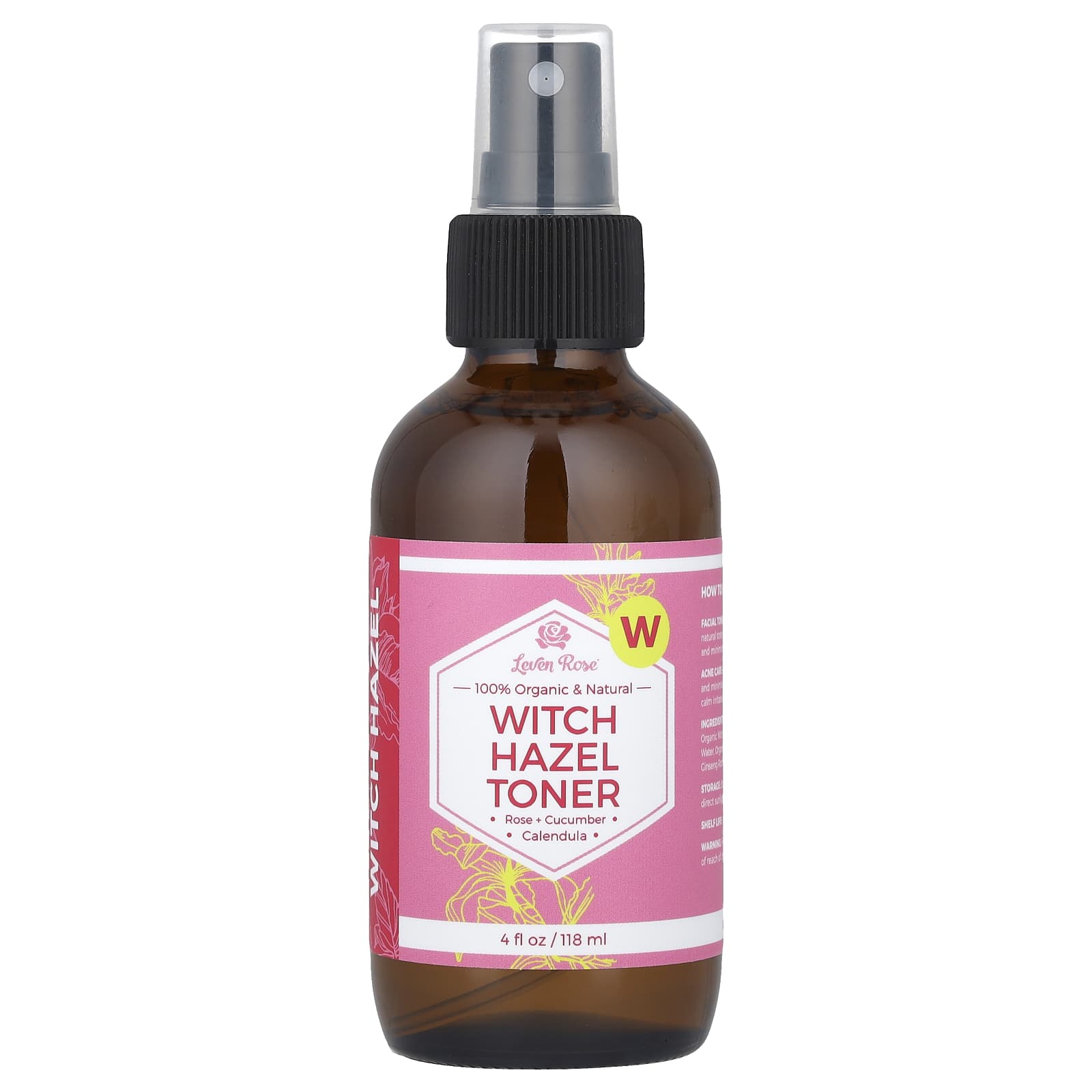 Leven Rose, 100% Organic & Natural, Witch Hazel Toner, 4 fl oz (118 ml) - Image 1
