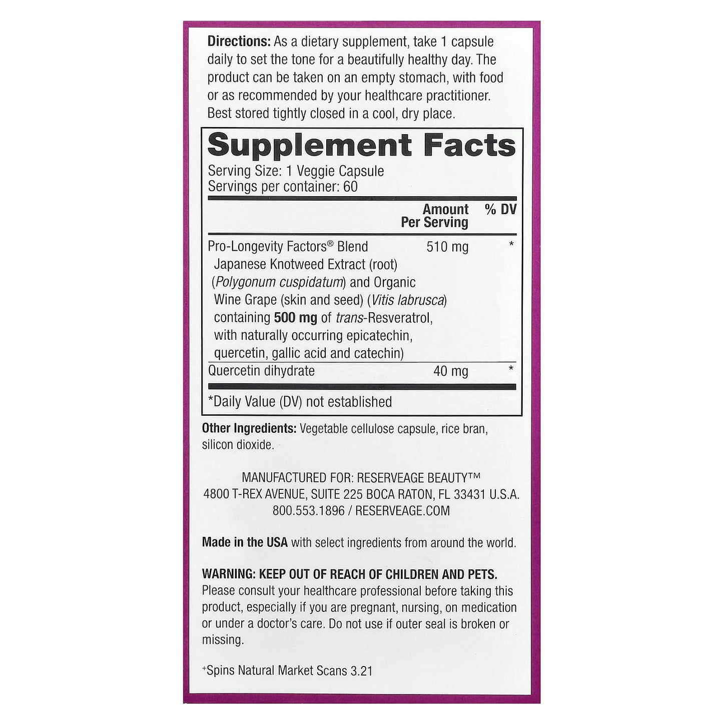 Reserveage Beauty, Resveratrol, 60 Veggie Capsules