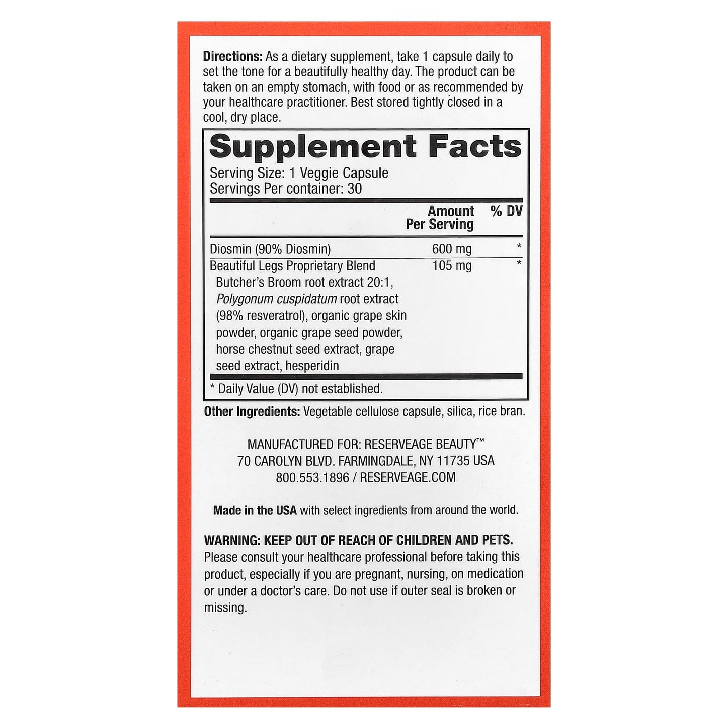 Reserveage Beauty, Beautiful Legs with Diosmin & Butcher's Broom Extract, 30 Veggie Capsules - Image 2