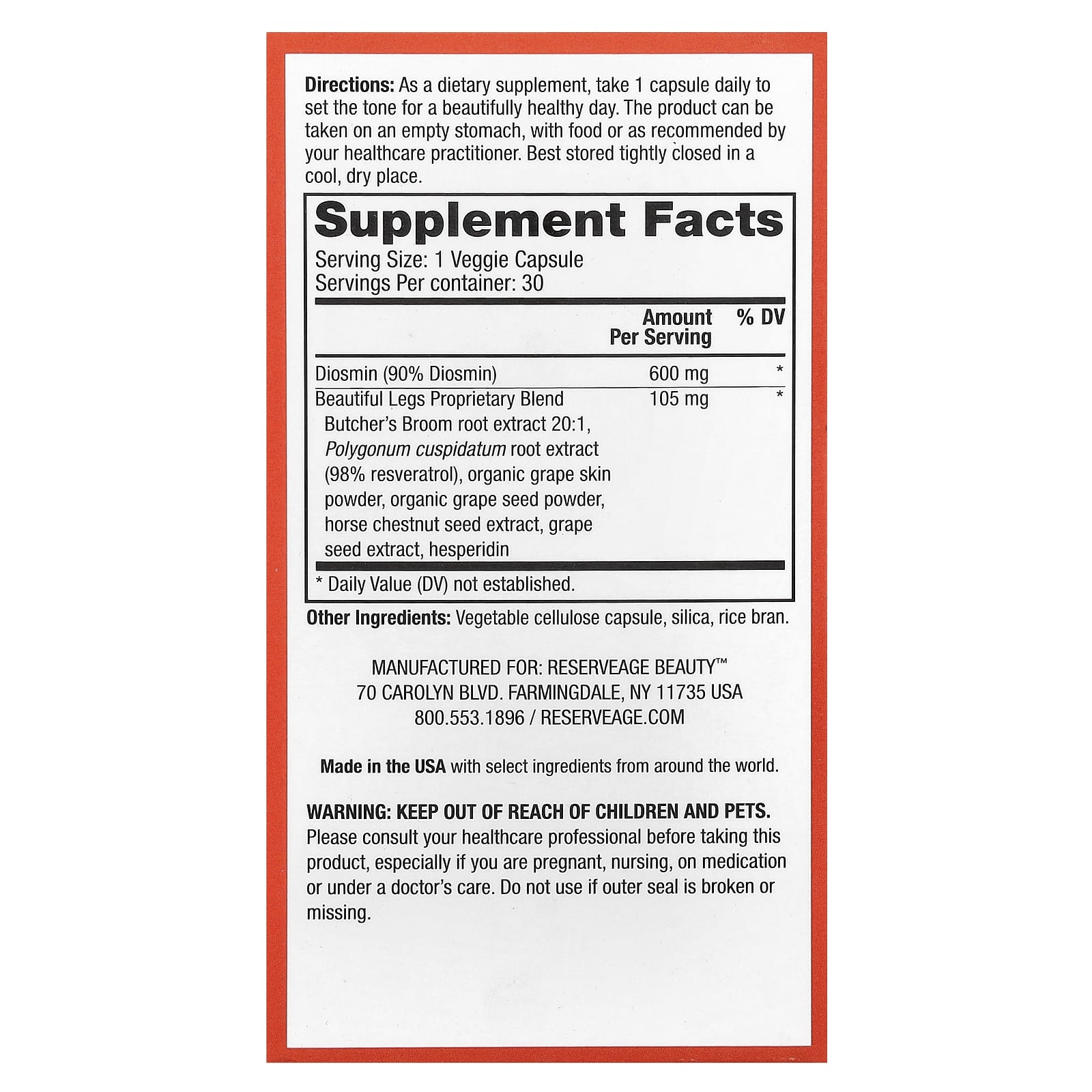 Reserveage Beauty, Beautiful Legs with Diosmin & Butcher's Broom Extract, 30 Veggie Capsules - Image 2