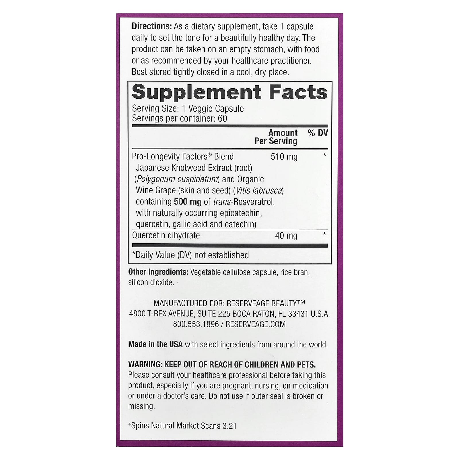 Reserveage Beauty, Resveratrol, 60 Veggie Capsules