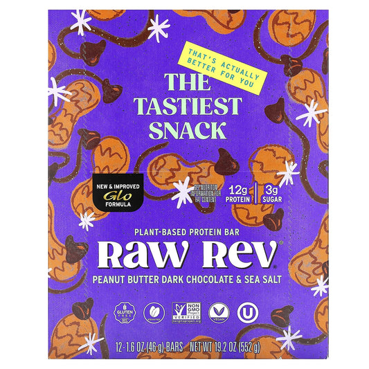 Raw Rev, Plant-Based Protein Bar, Peanut Butter Dark Chocolate & Sea Salt, 12 Bars, 1.6 oz (46 g) Each - Image 1
