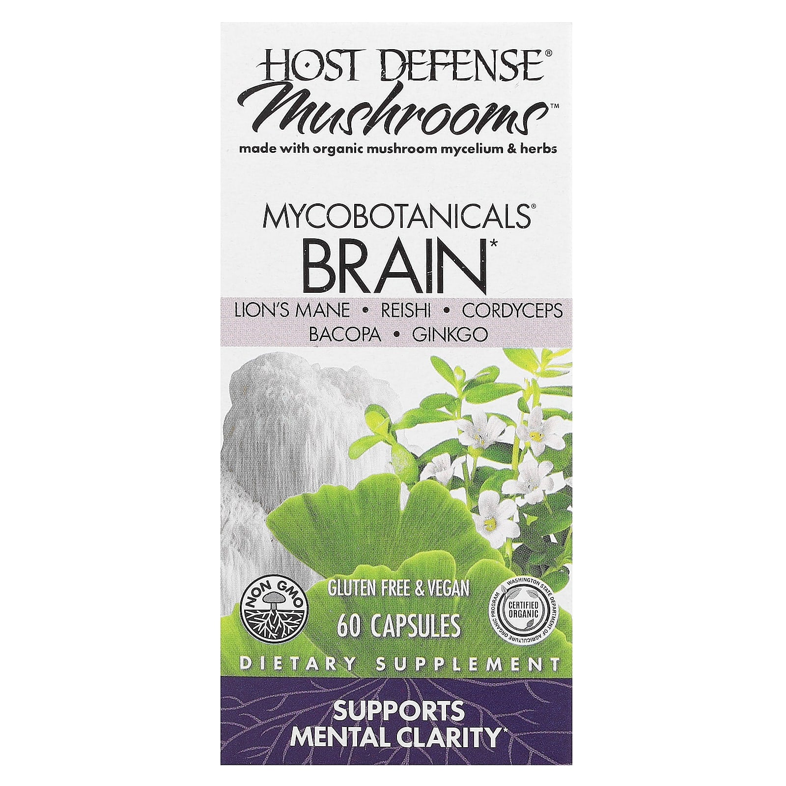 Host Defense Brain Mushroom Supplement, 60 Capsules, Organic, Vegan - Image 1