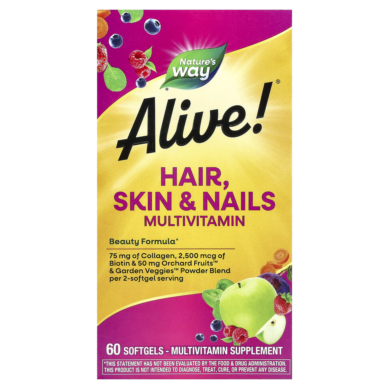 Nature's Way, Alive!® Hair, Skin & Nails Multivitamin, Strawberry, 60 Softgels - Image 1