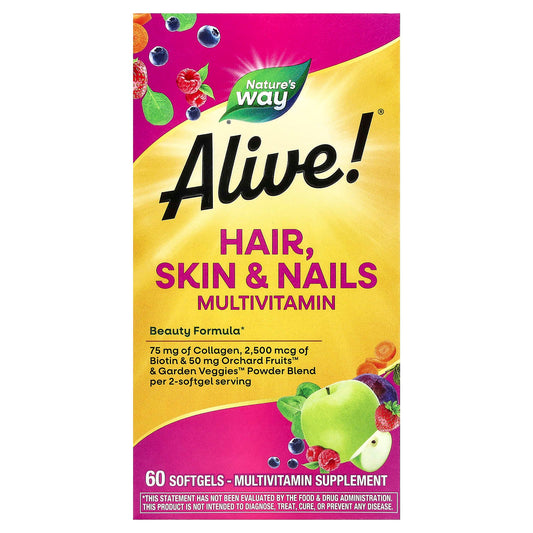 Nature's Way, Alive!® Hair, Skin & Nails Multivitamin, Strawberry, 60 Softgels - Image 1