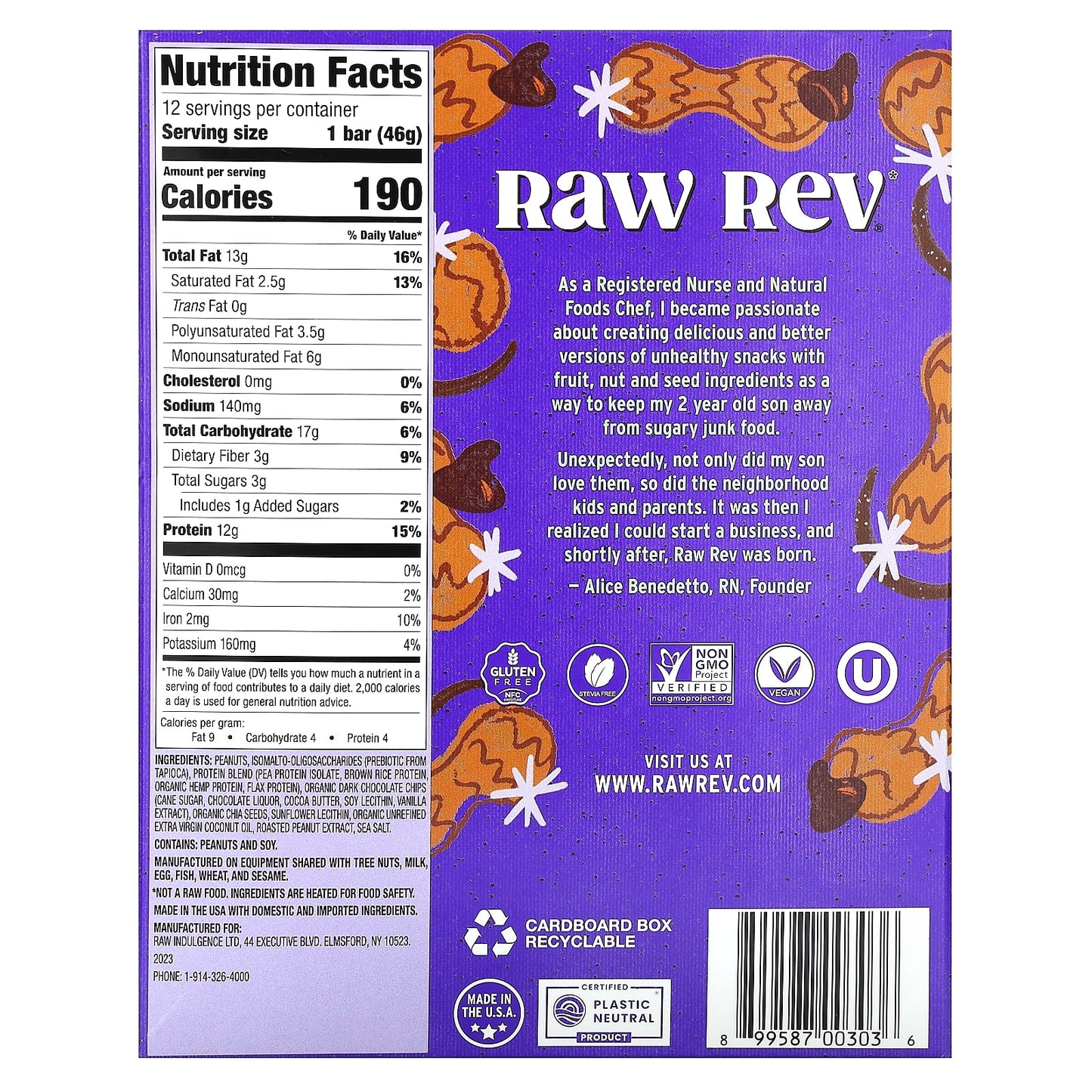 Raw Rev, Plant-Based Protein Bar, Peanut Butter Dark Chocolate & Sea Salt, 12 Bars, 1.6 oz (46 g) Each - Image 2