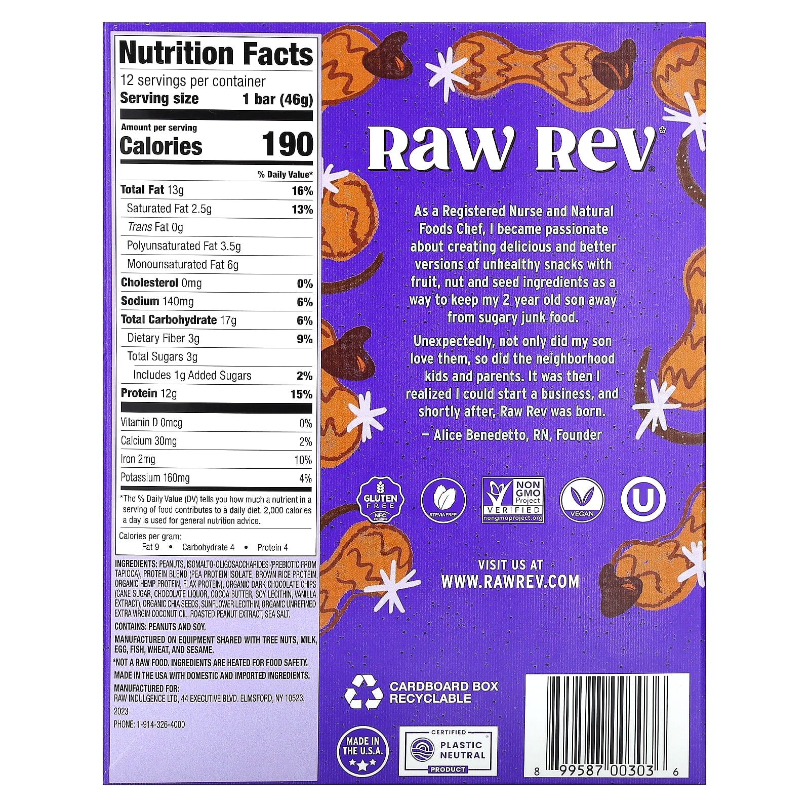 Raw Rev, Plant-Based Protein Bar, Peanut Butter Dark Chocolate & Sea Salt, 12 Bars, 1.6 oz (46 g) Each - Image 2